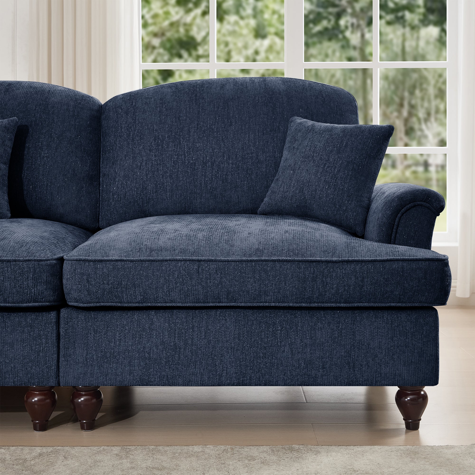 Classic Comfy Modular U Shape Sectional Sofa Couch with Flared Arms and Removable Ruffles Pleats Skirts and Spindle Legs, Upholstered Chenille Deep Seat Cloud Sofa with Movable Ottomans, Blue