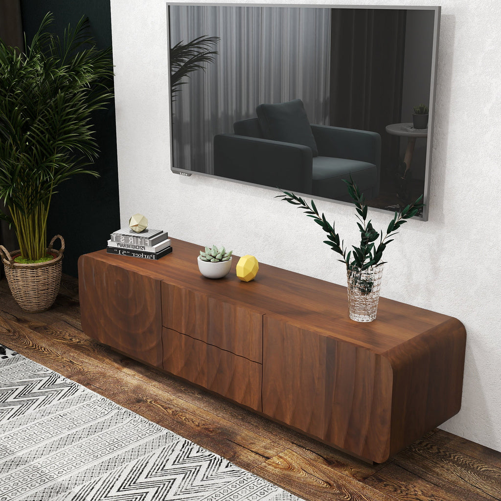 TV Stand Spiral Wave Walnut MDF Floating Base Fits 60 In TV 58.3 In