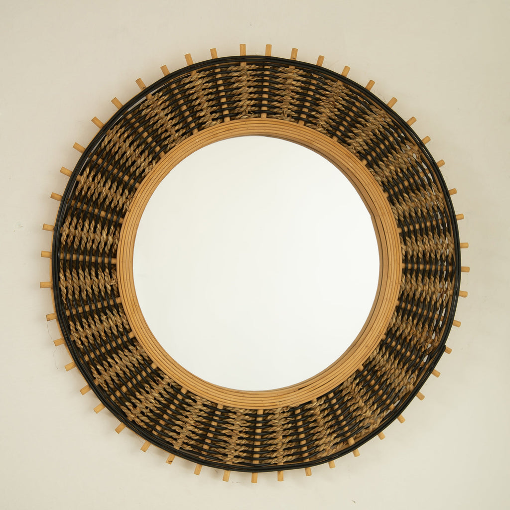 Round Wall Mirror Boho Bamboo Natural Frame 23-inch Large Living Room