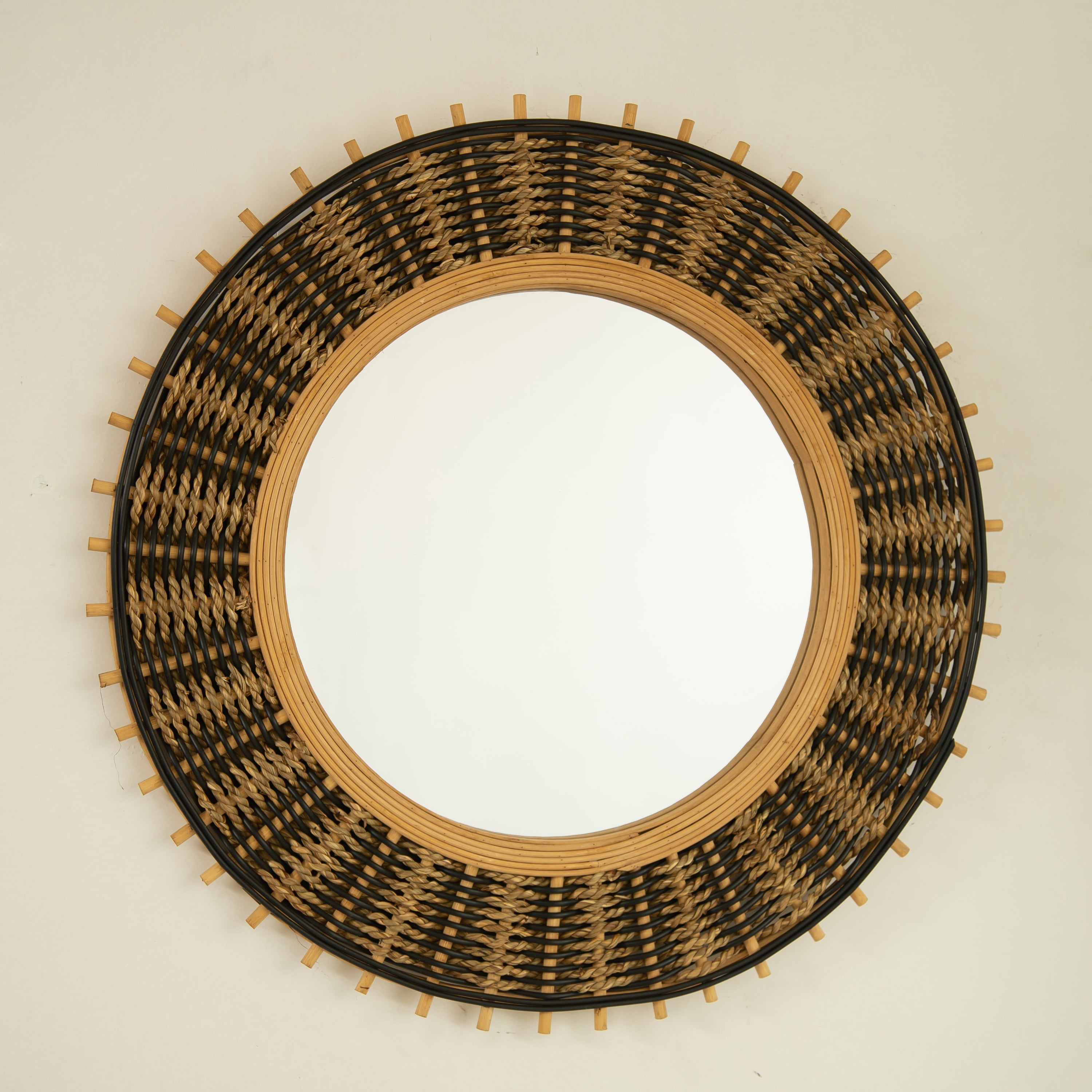 Round Wall Mirror Boho Bamboo Natural Frame 23-inch Large Living Room