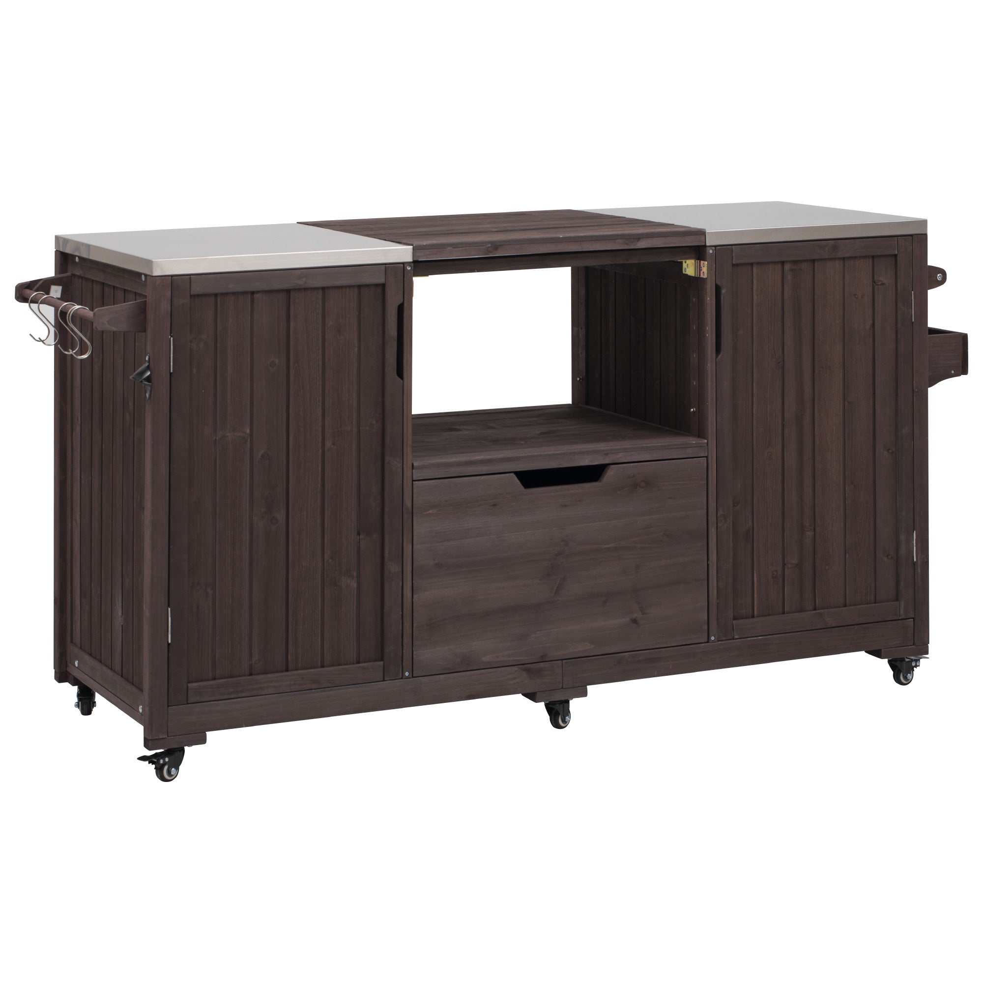 Outdoor Kitchen Island Grill Cart Fir Wood Stainless Steel Top 66.5x23x34 In