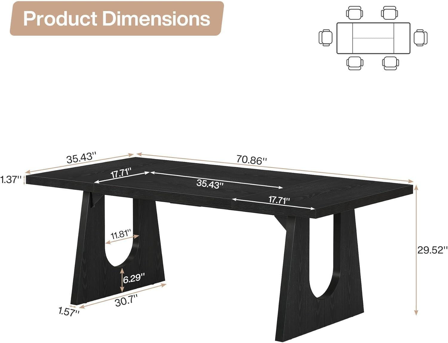 70.9 Inch Black Contemporary Rectangular Dining Table Seats 6 To 8