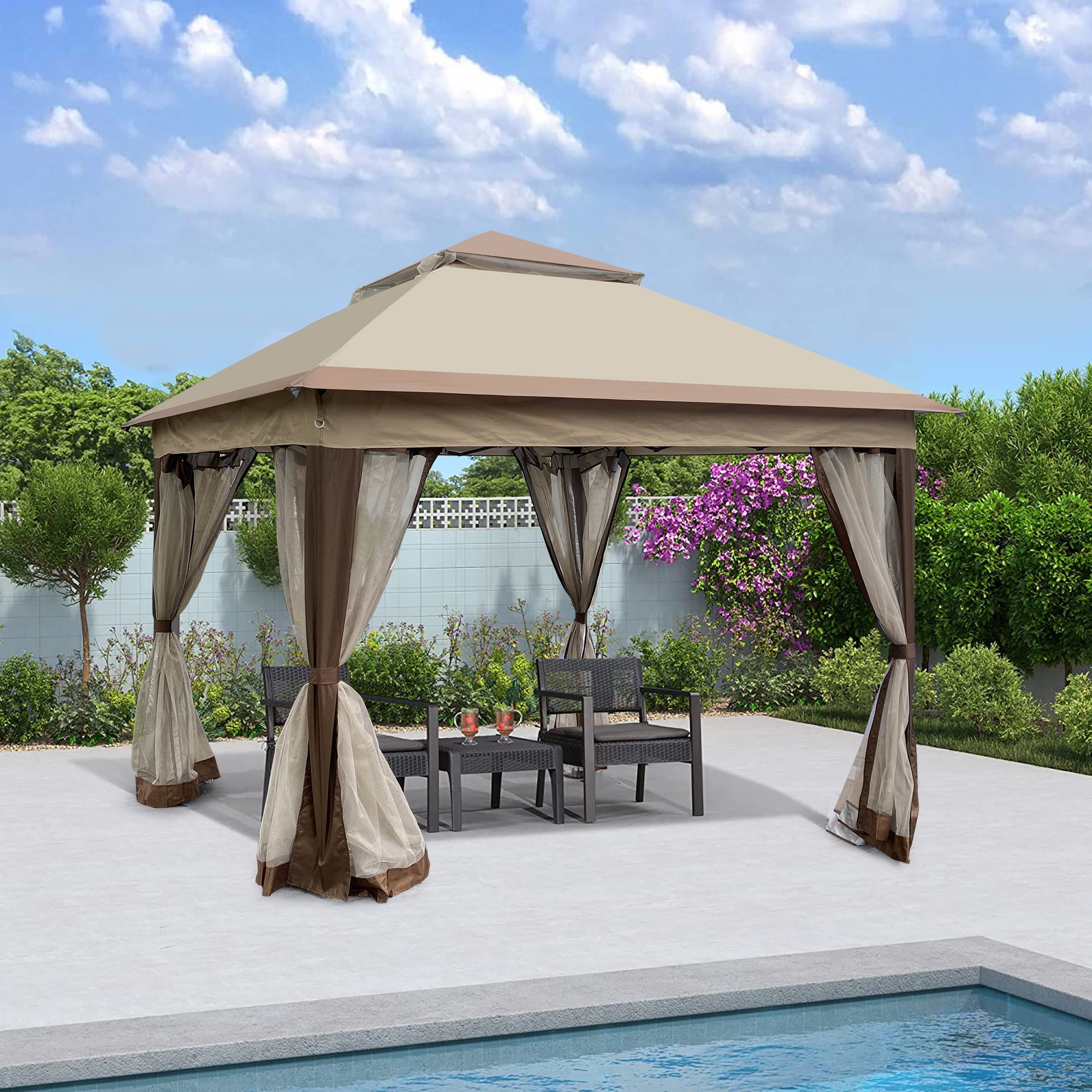 Canopy Gazebo Steel Coffee Pop-Up 11x11 Ft Double-Tier Mesh Sidewalls UV