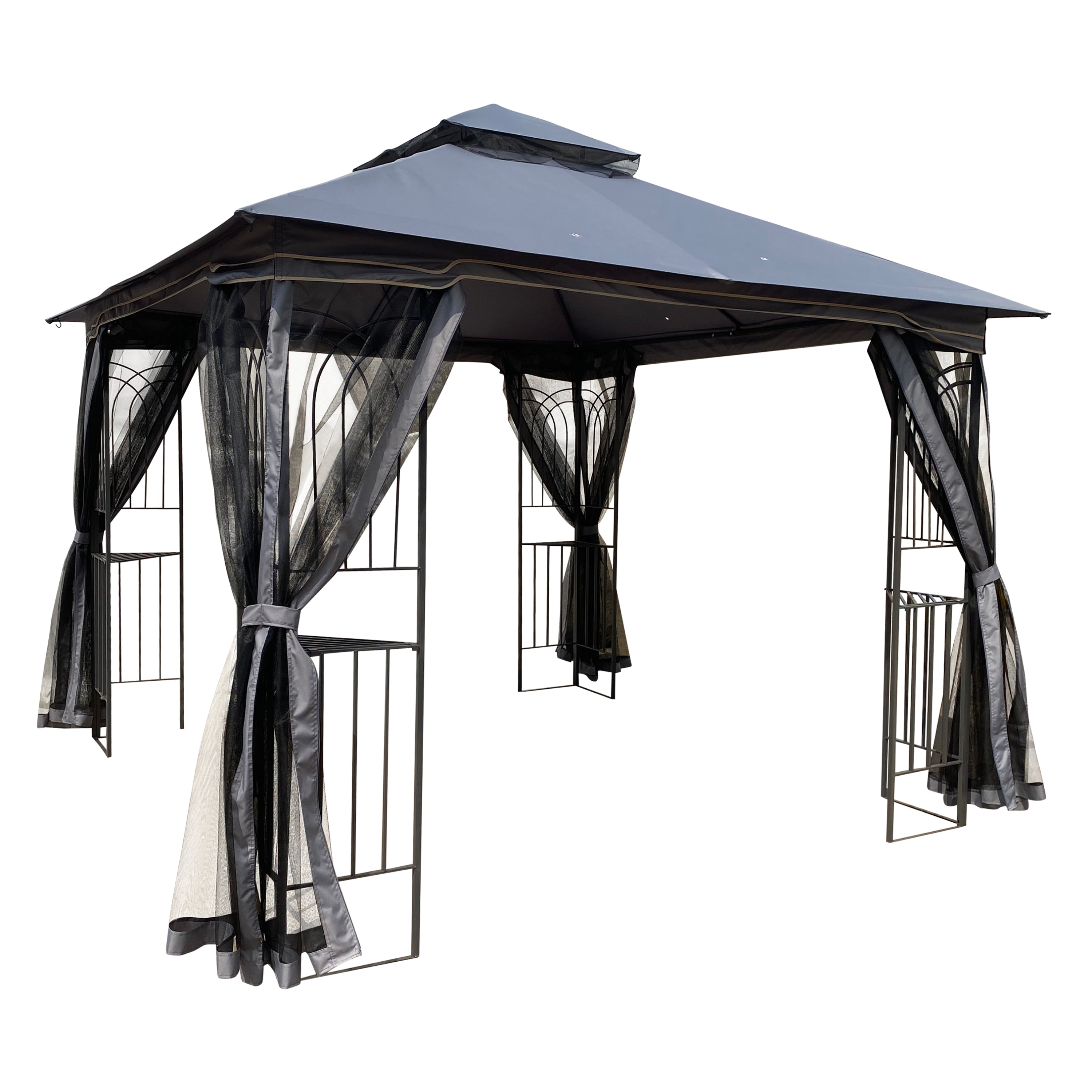 Gazebo Steel Gray 10x10 Ft Double Vented Roof Mesh Sidewalls UV-Resistant