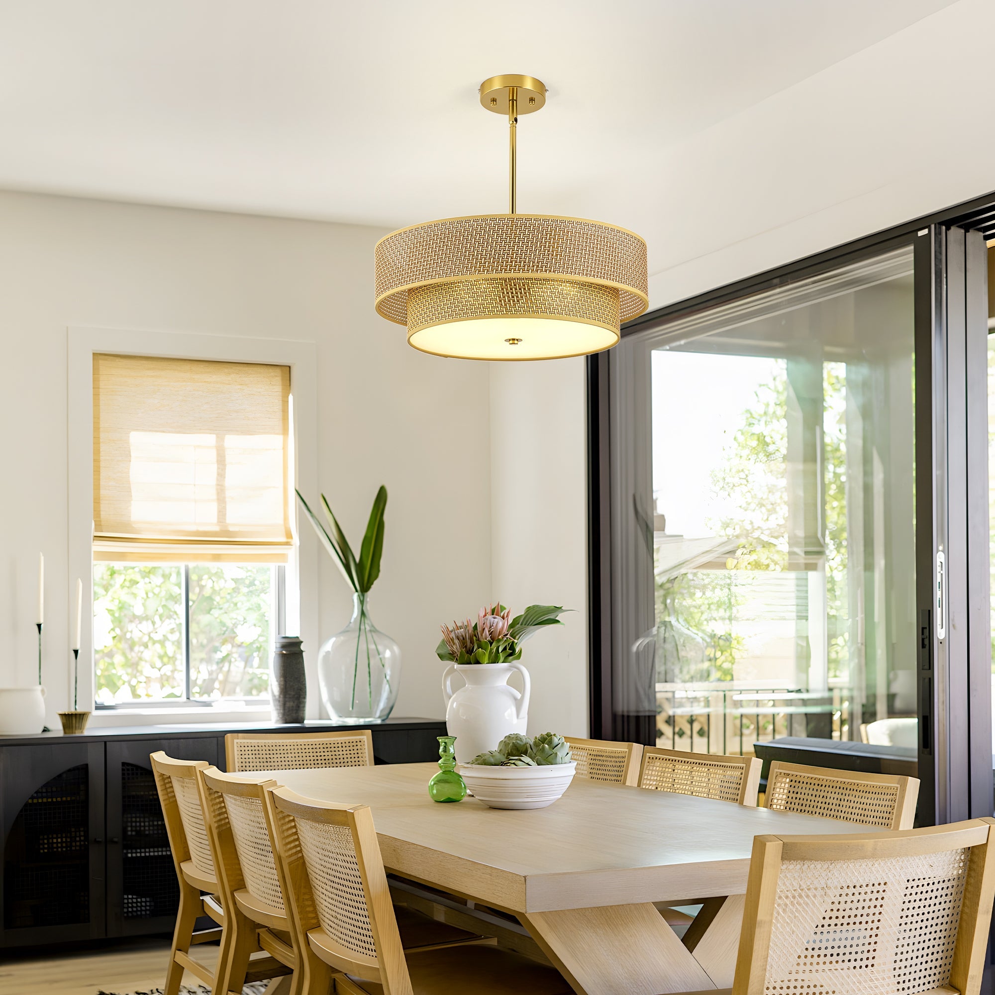 Semi Flush Mount Ceiling Light Woven Rattan Linen Boho Drum 17.7 In