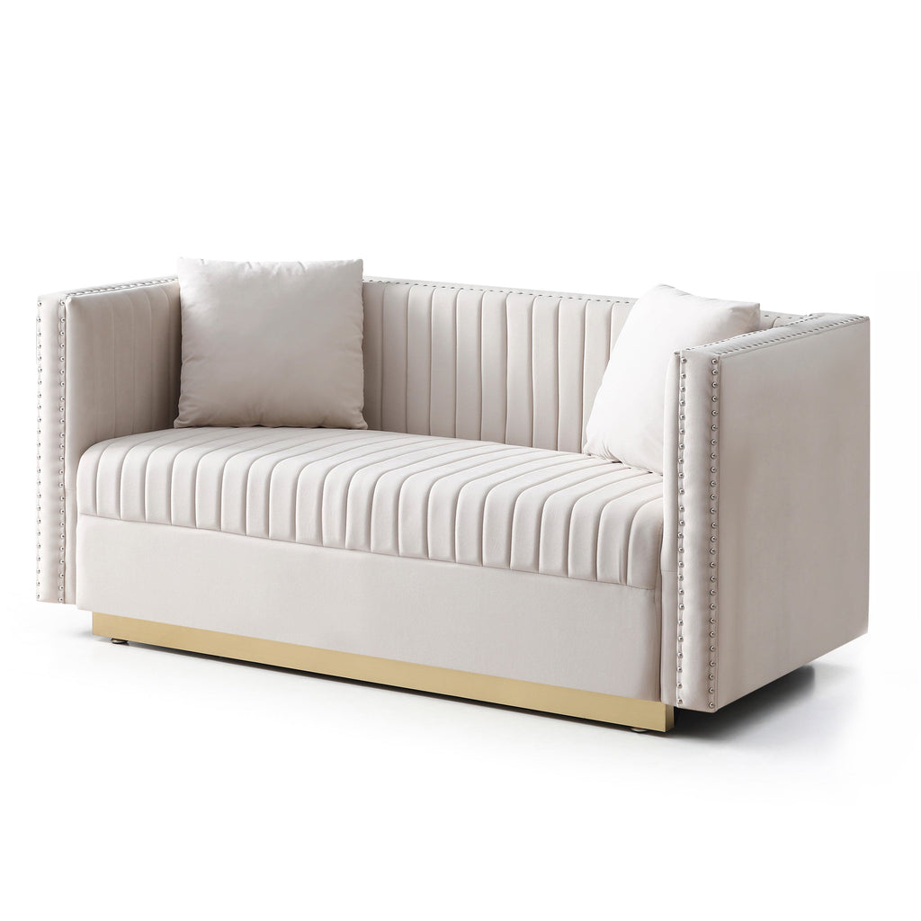 Loveseat Velvet Beige Channel Tufted Gold Stainless Base 2 Seat 61 In 600 LB