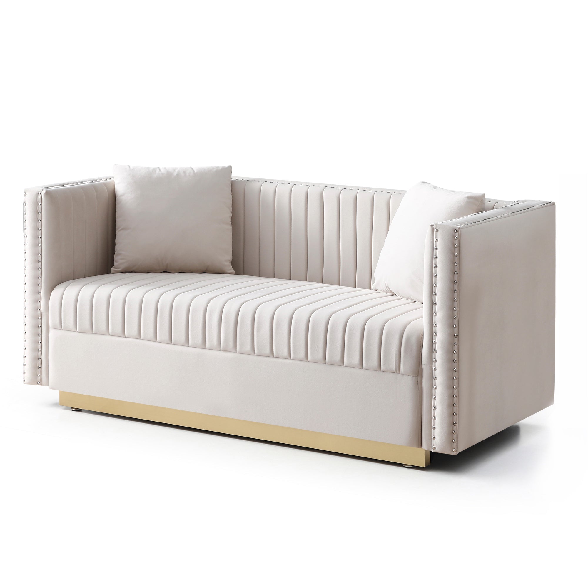 Loveseat Velvet Beige Channel Tufted Gold Stainless Base 2 Seat 61 In 600 LB