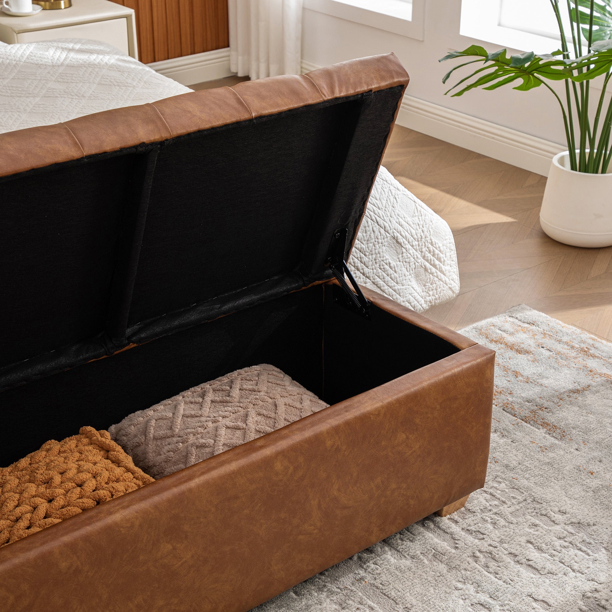 Storage Bench Tufted End of Bed Pu Upholstered Brown 60.2in Wide