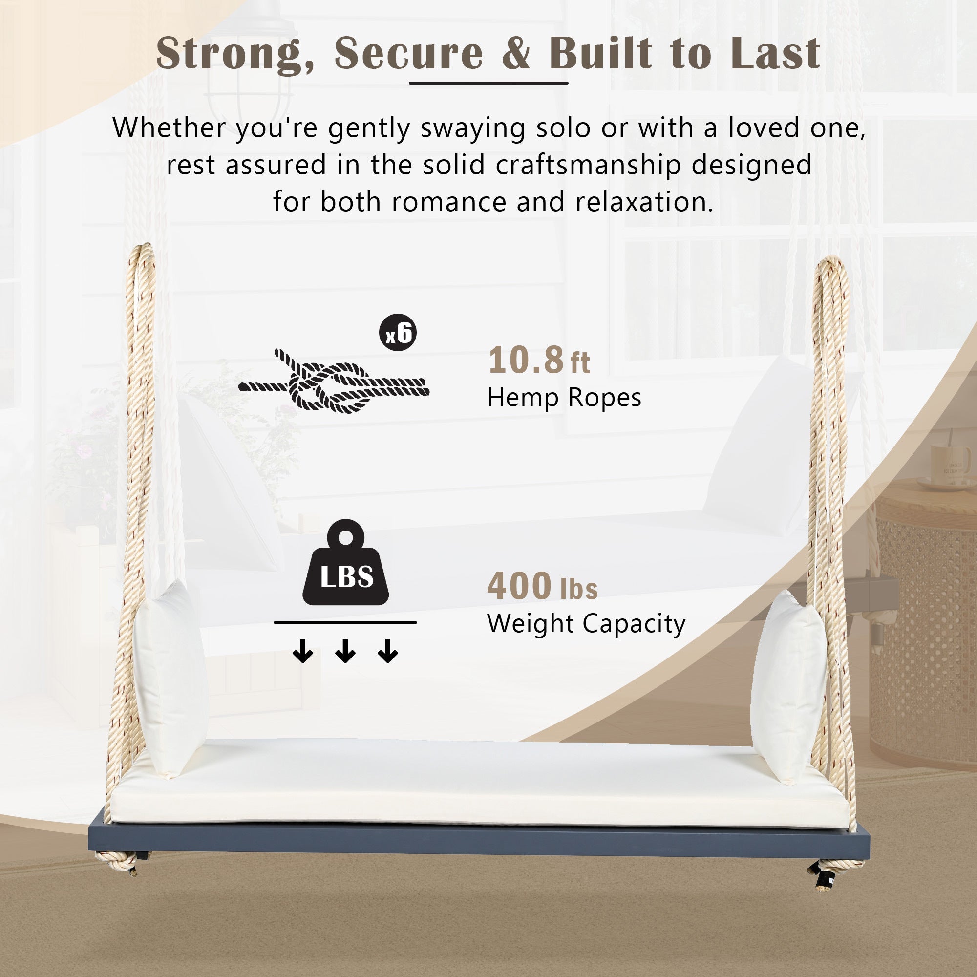 Outdoor Hanging Swing Chair Acacia Wood Gray Cushion Pillows 63x23.6 In 400 LB