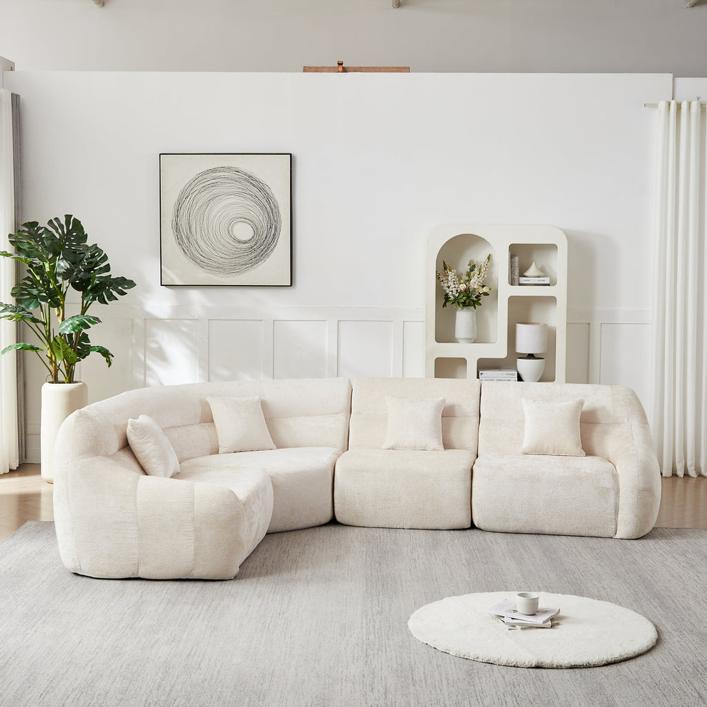Sectional Sofa Curved Beige Chenille 123.2 Inch Four Pillows No Assembly