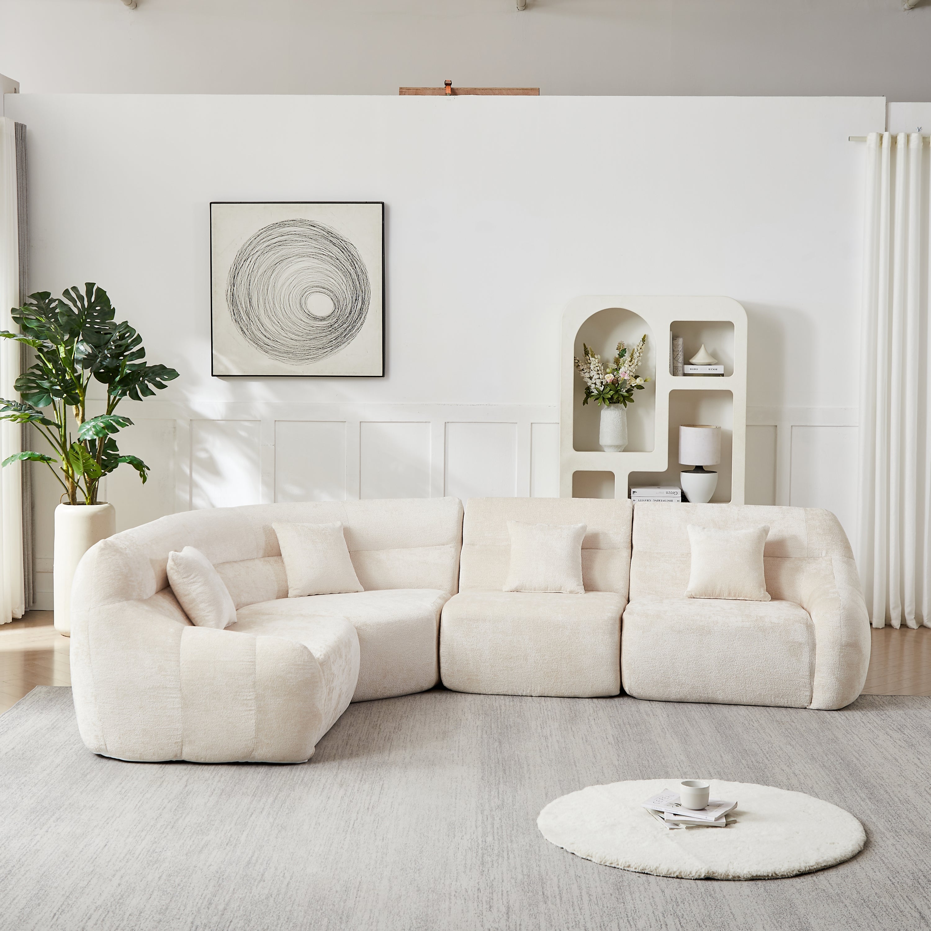 Sectional Sofa Curved Beige Chenille 123.2 Inch Four Pillows No Assembly