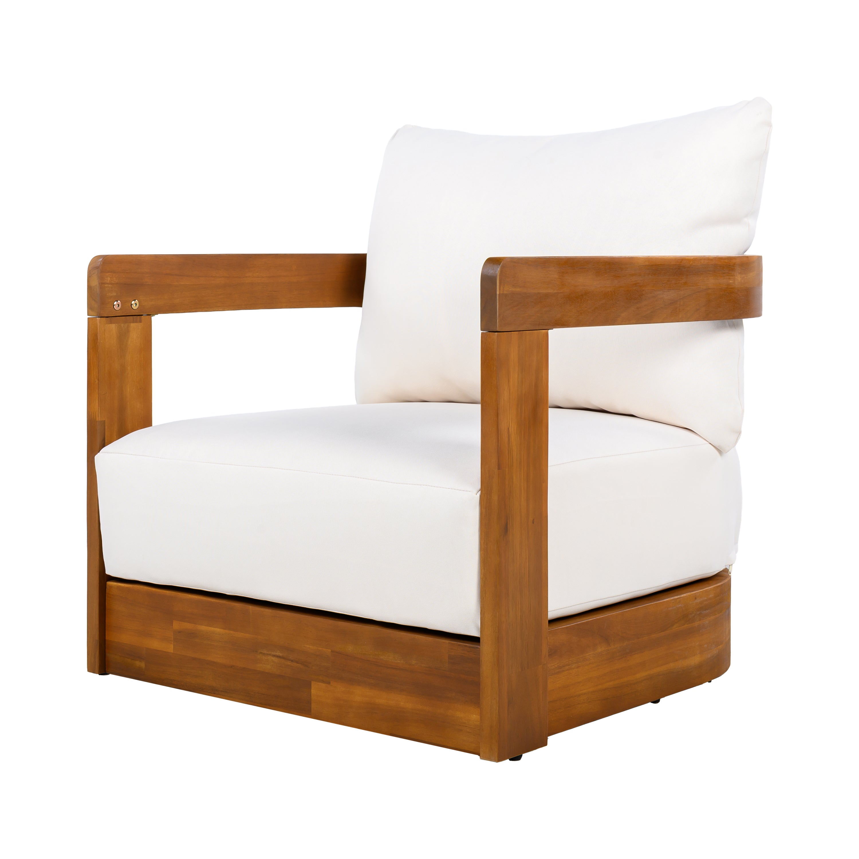 Outdoor Club Chair Acacia Wood Tub Shape Teak Beige Cushion