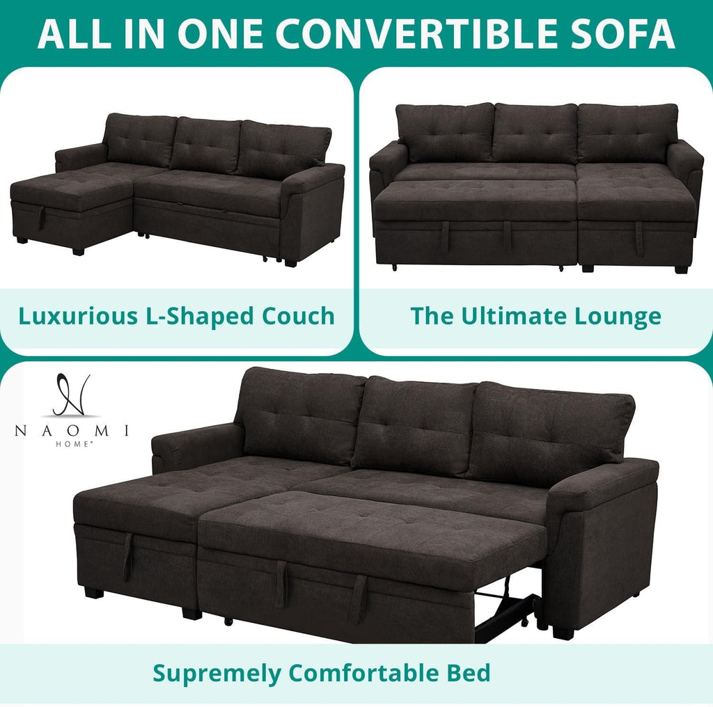 Espresso Velvet Sleeper Sectional Sofa Bed Chaise Set