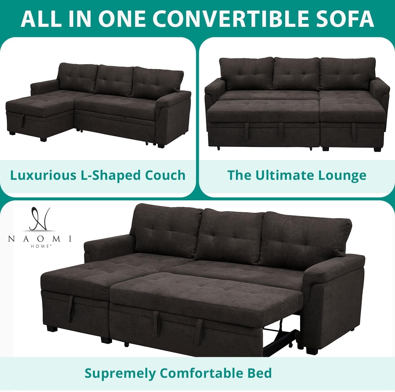 Espresso Velvet Sleeper Sectional Sofa Bed Chaise Set