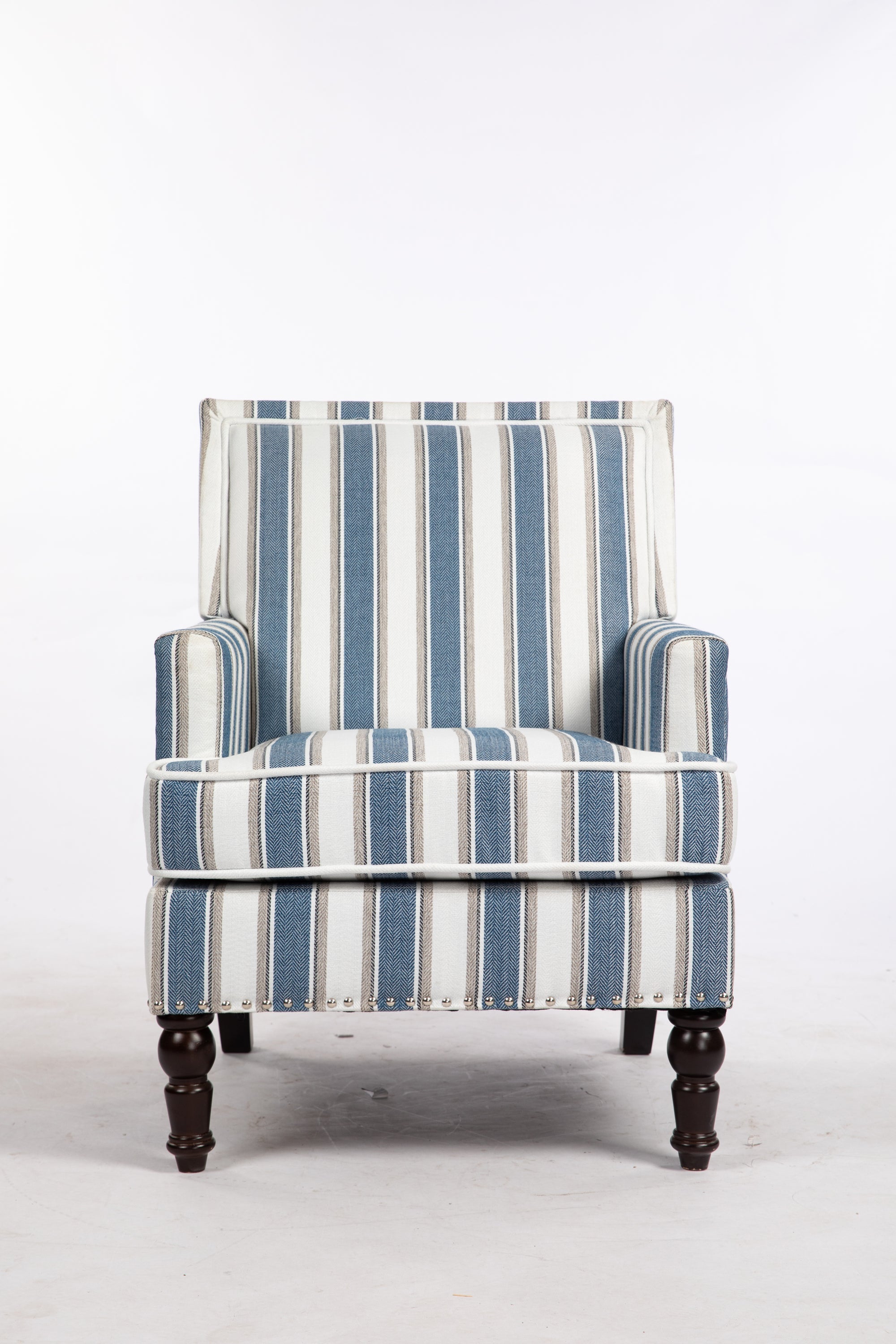 Accent Chair Vintage Striped Linen Blue White Nailhead Solid Wood Legs