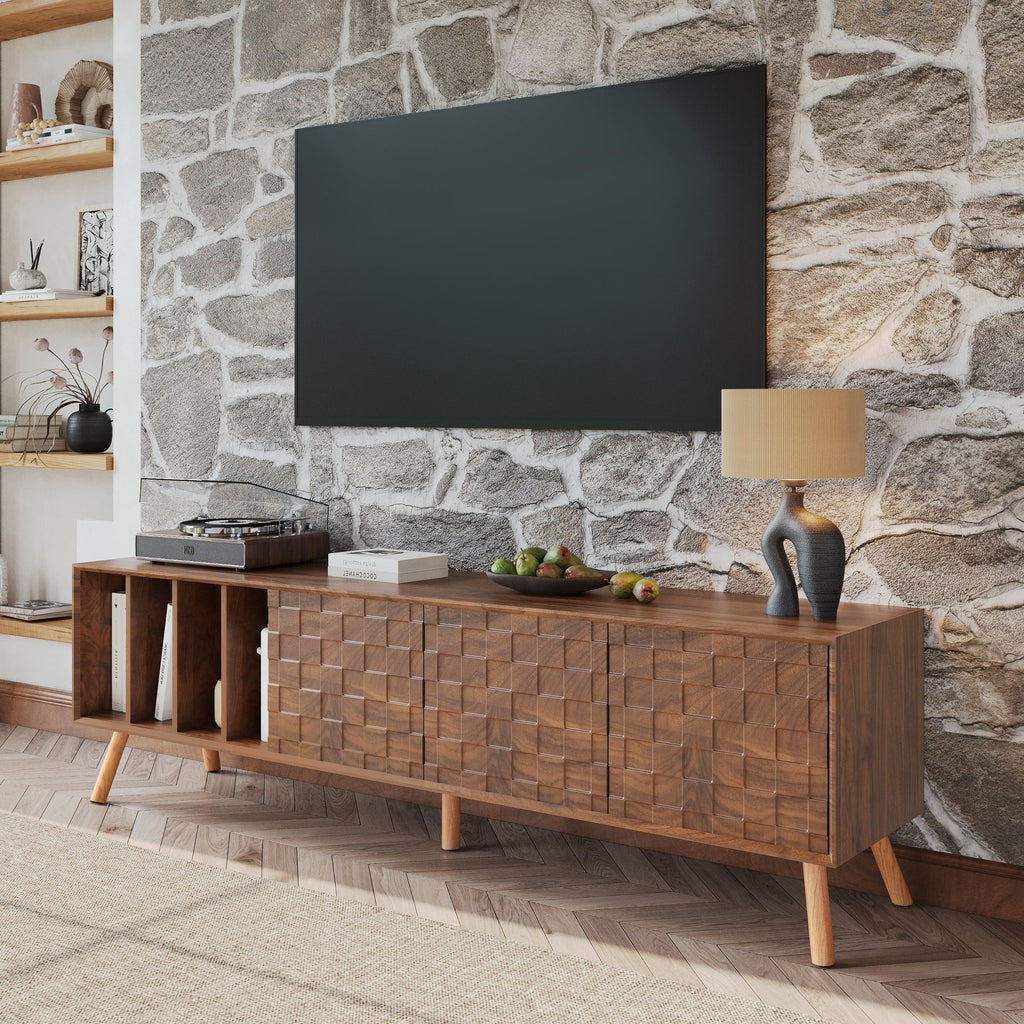 TV Stand Mid-Century Walnut Solid Wood MDF Push-Pop Doors Fits 80 In TV