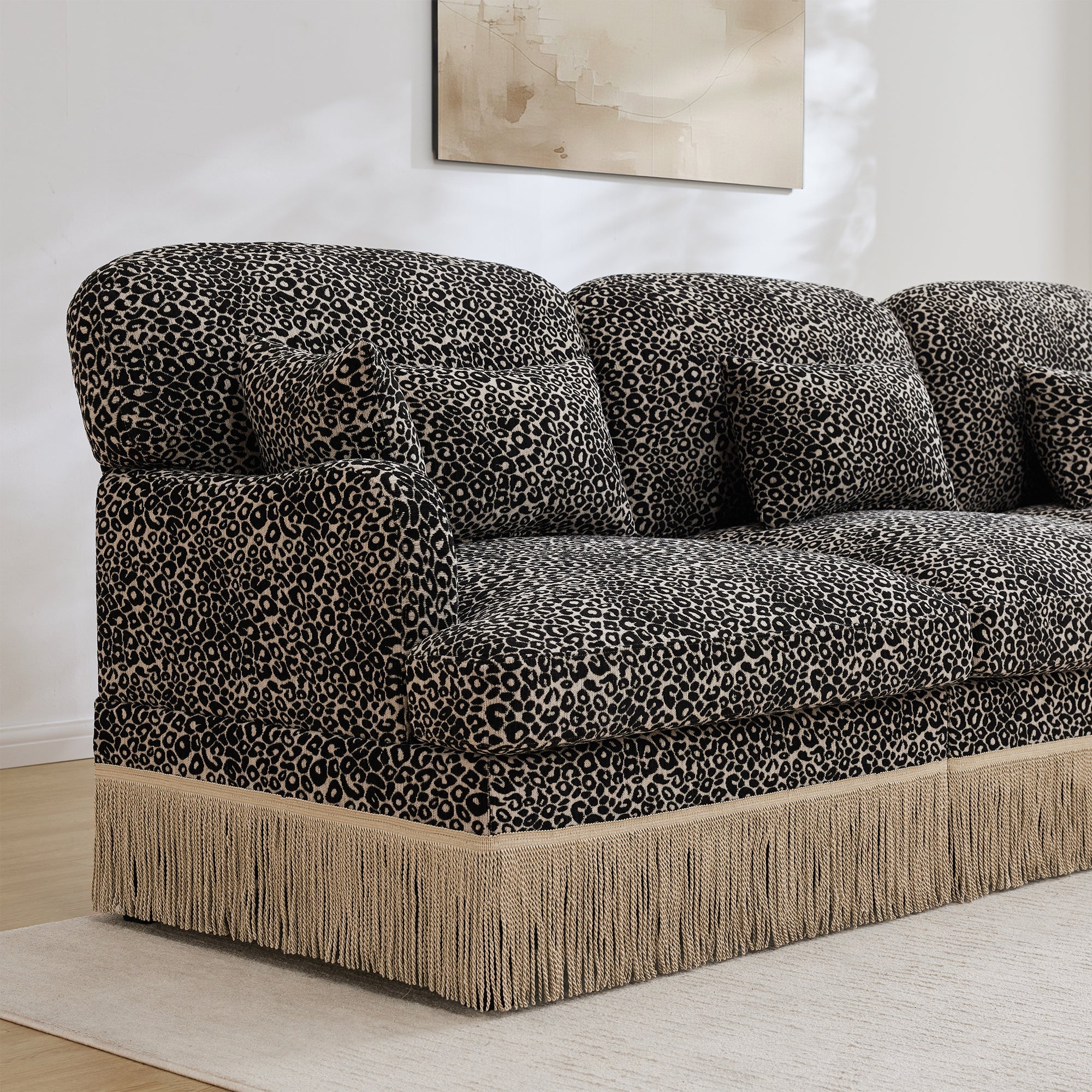 Sectional Sofa Modern Leopard Chenille Khaki Black 4-seater Deep Seat