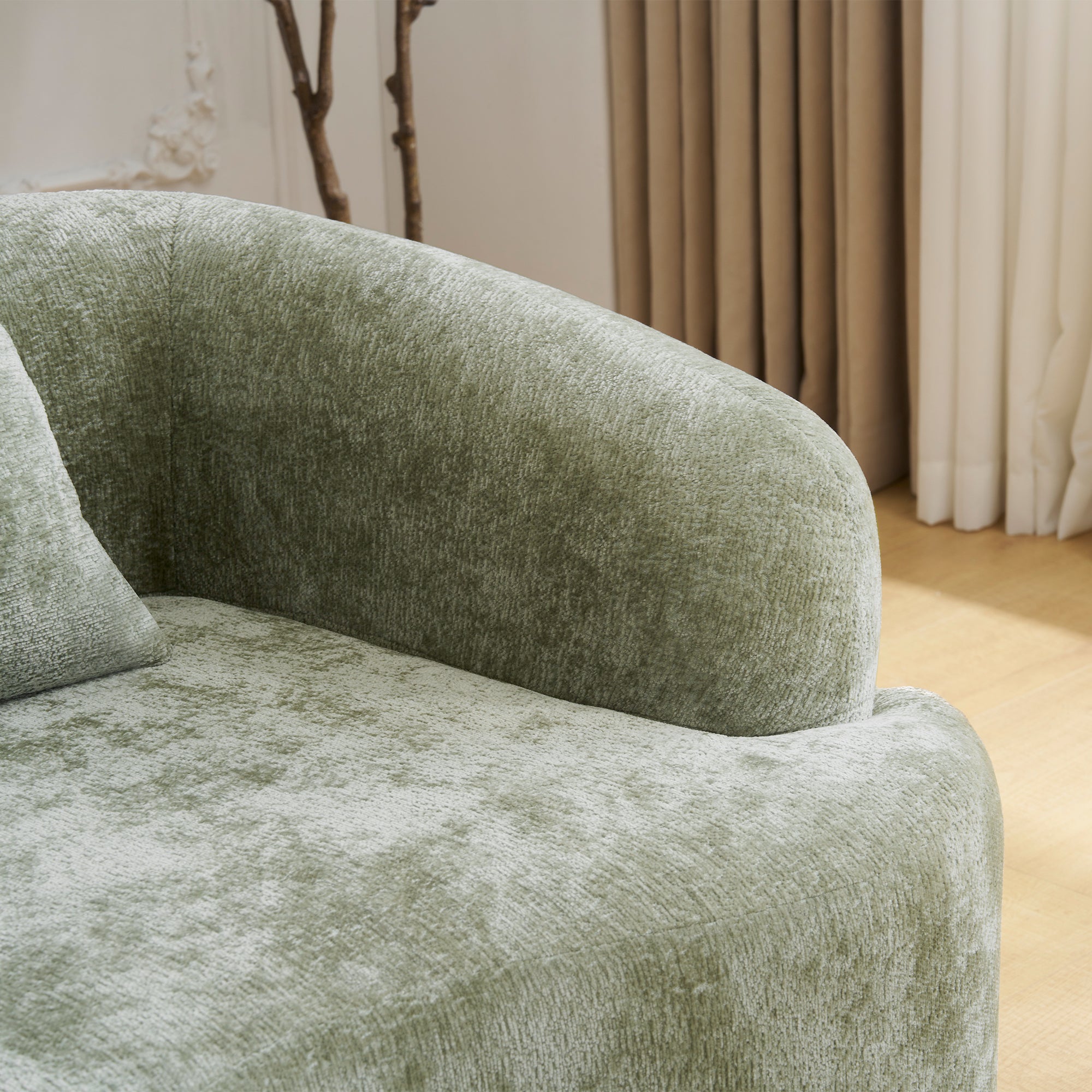 Sectional Sofa l Shape Chenille Green Curved Chaise with Foam and Spring Support
