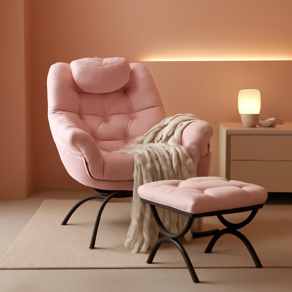 Pink Velvet Lounge Chair With Folding Footrest Ottoman
