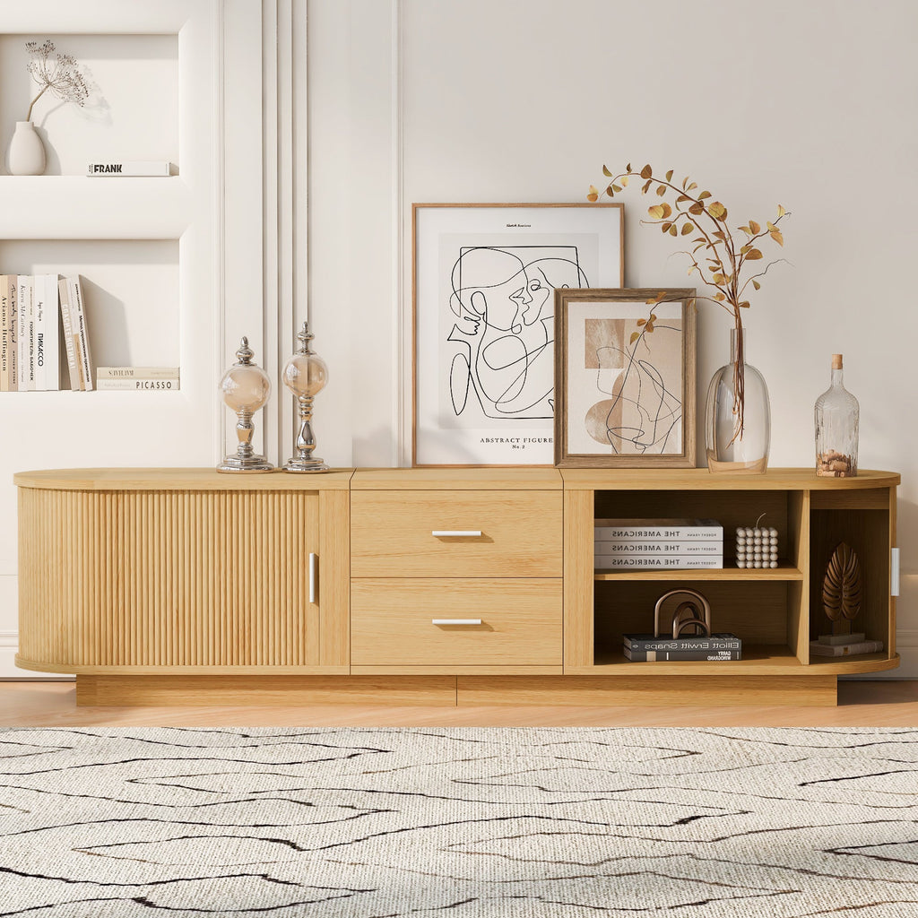 TV Stand American Style Acacia MDF Sliding Door Rounded Corners Fits 75 In TV