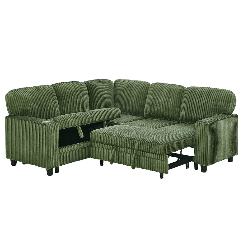 Sofa Bed L-Shape Corduroy Olive Green 5 Seat Pull-Out USB Ports 81 In