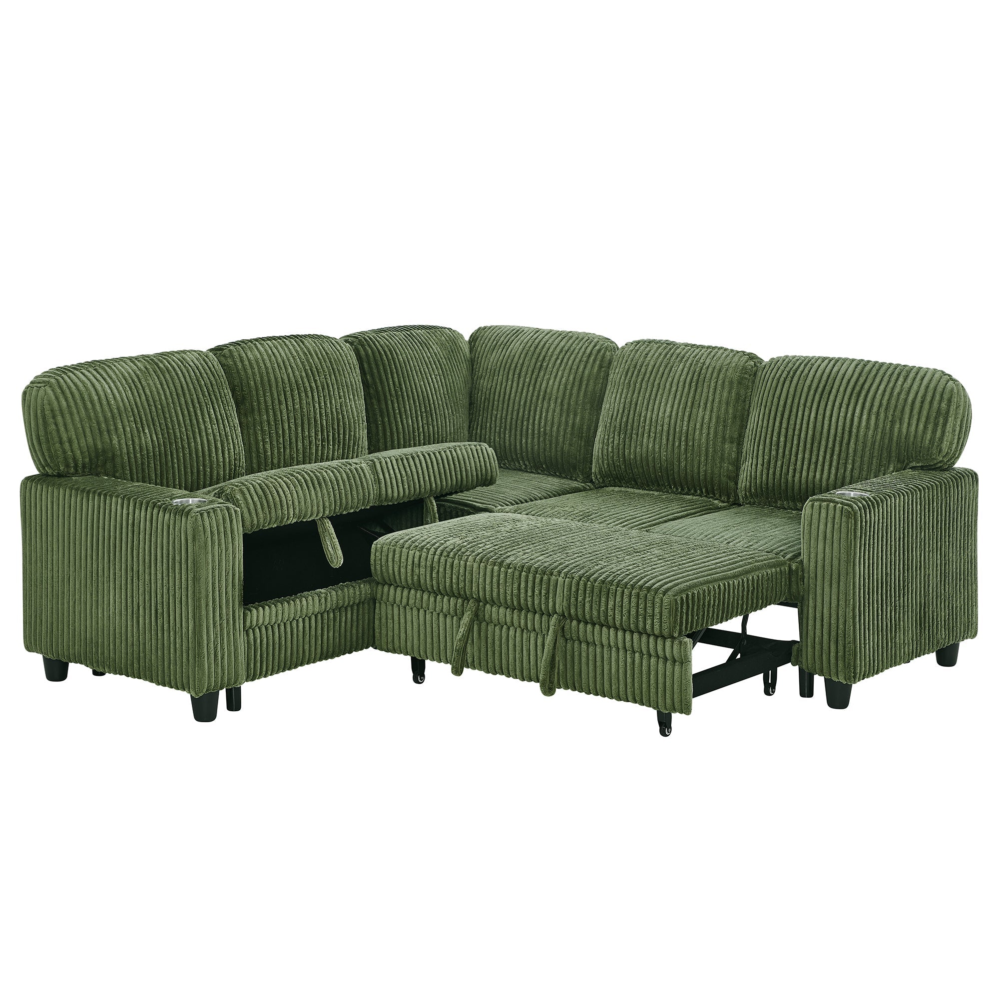 Sofa Bed L-Shape Corduroy Olive Green 5 Seat Pull-Out USB Ports 81 In