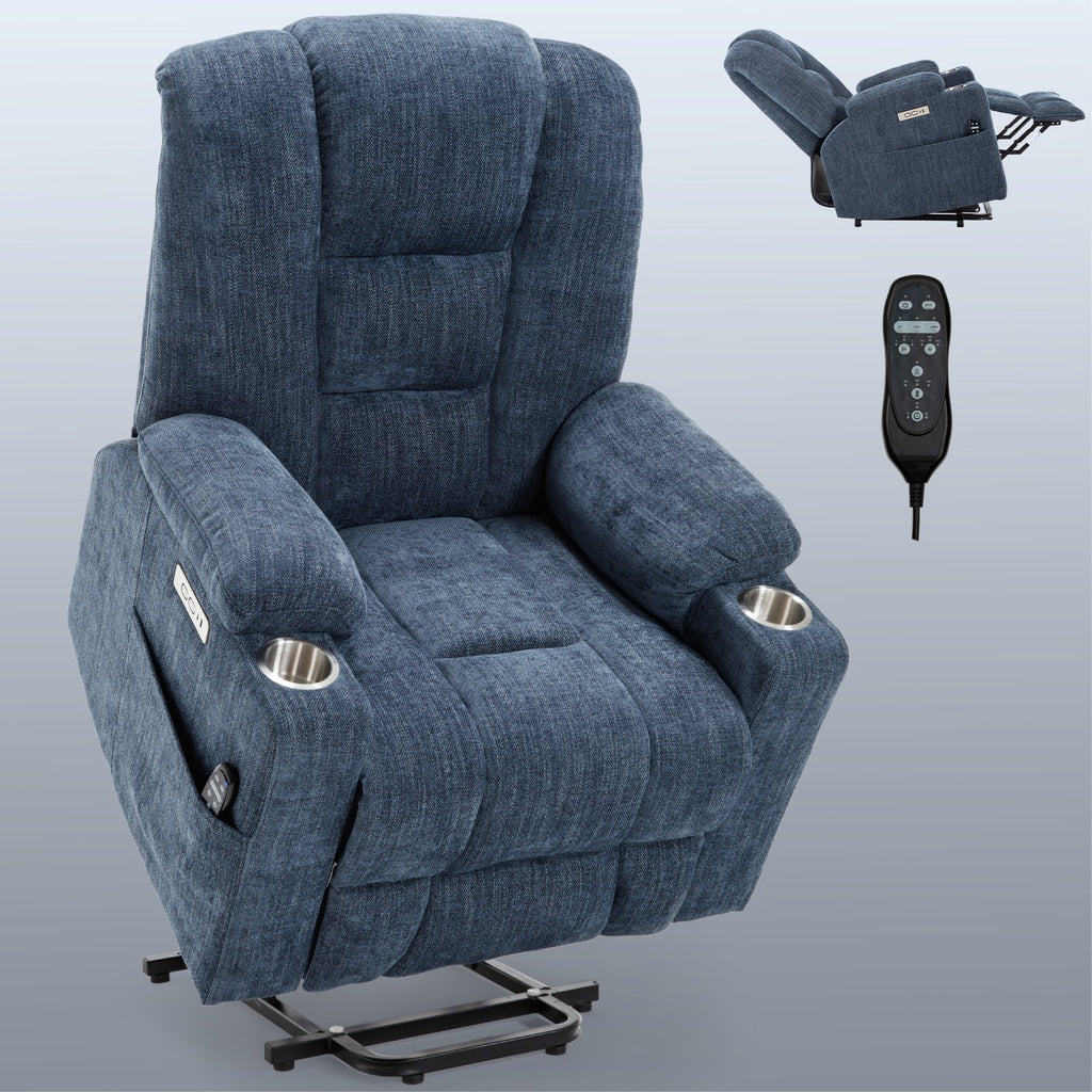 Power Lift Recliner Chair Heat Massage USB Cup Holders, Blue