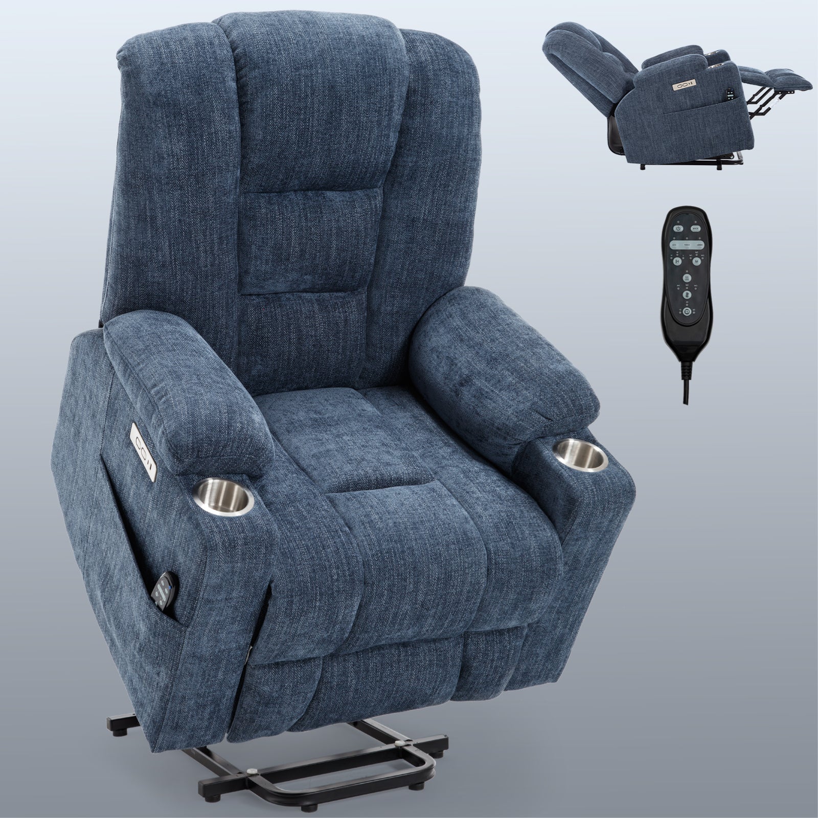 Power Lift Recliner Chair Heat Massage USB Cup Holders, Blue