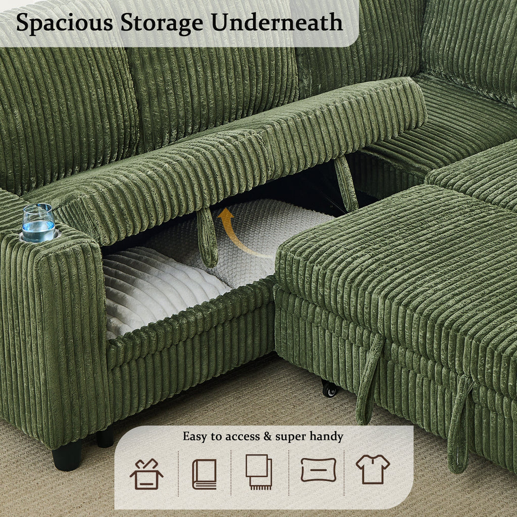 Sofa Bed L-Shape Corduroy Olive Green 5 Seat Pull-Out USB Ports 81 In