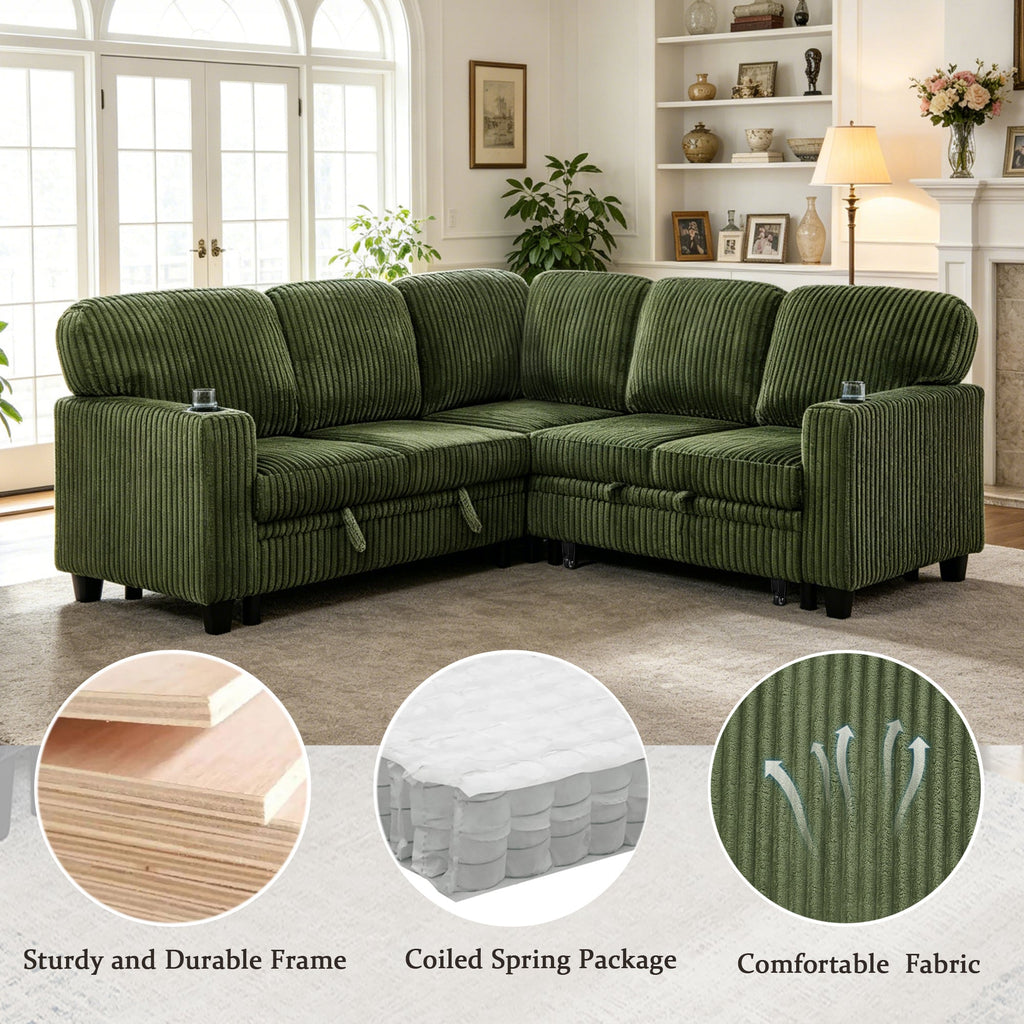 Sofa Bed L-Shape Corduroy Olive Green 5 Seat Pull-Out USB Ports 81 In