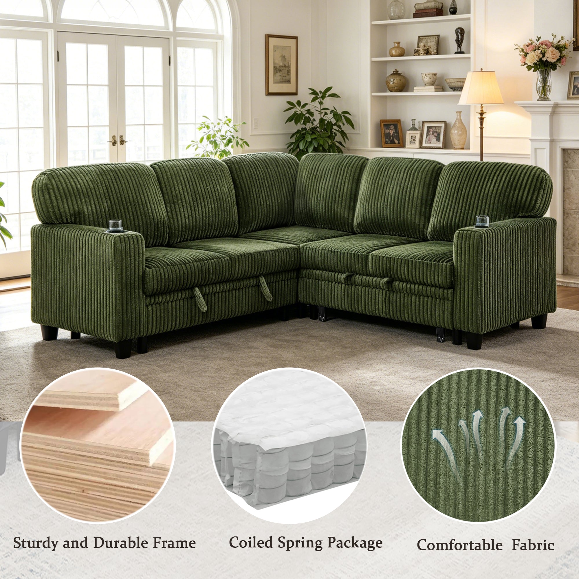 Sofa Bed L-Shape Corduroy Olive Green 5 Seat Pull-Out USB Ports 81 In