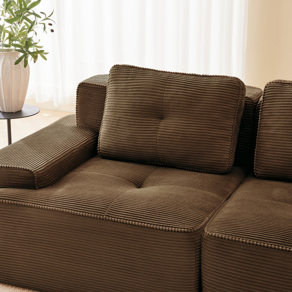 Sectional Sofa L-Shape Corduroy Brown 3 Seat Modular with Ottoman