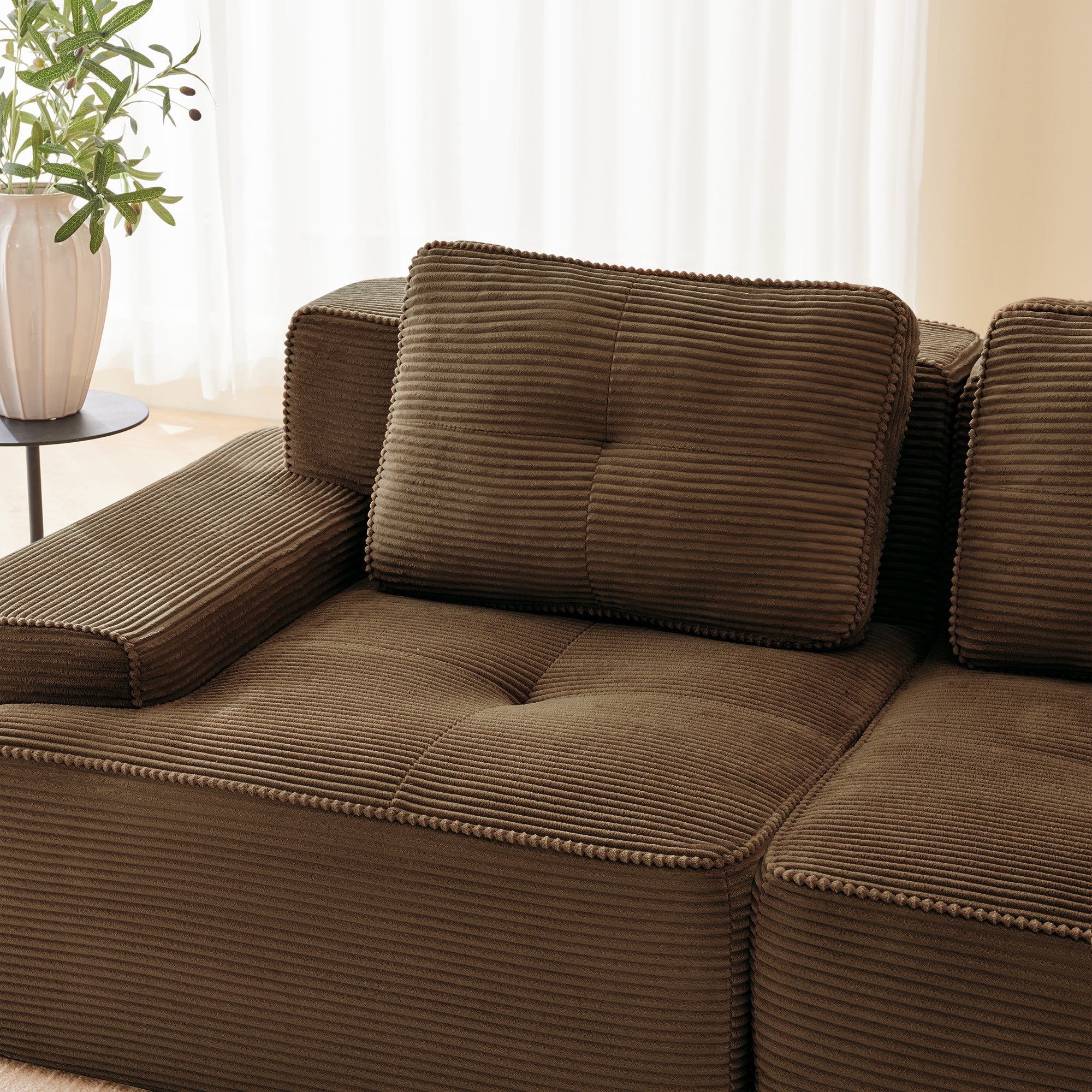 Sectional Sofa L-Shape Corduroy Brown 3 Seat Modular with Ottoman