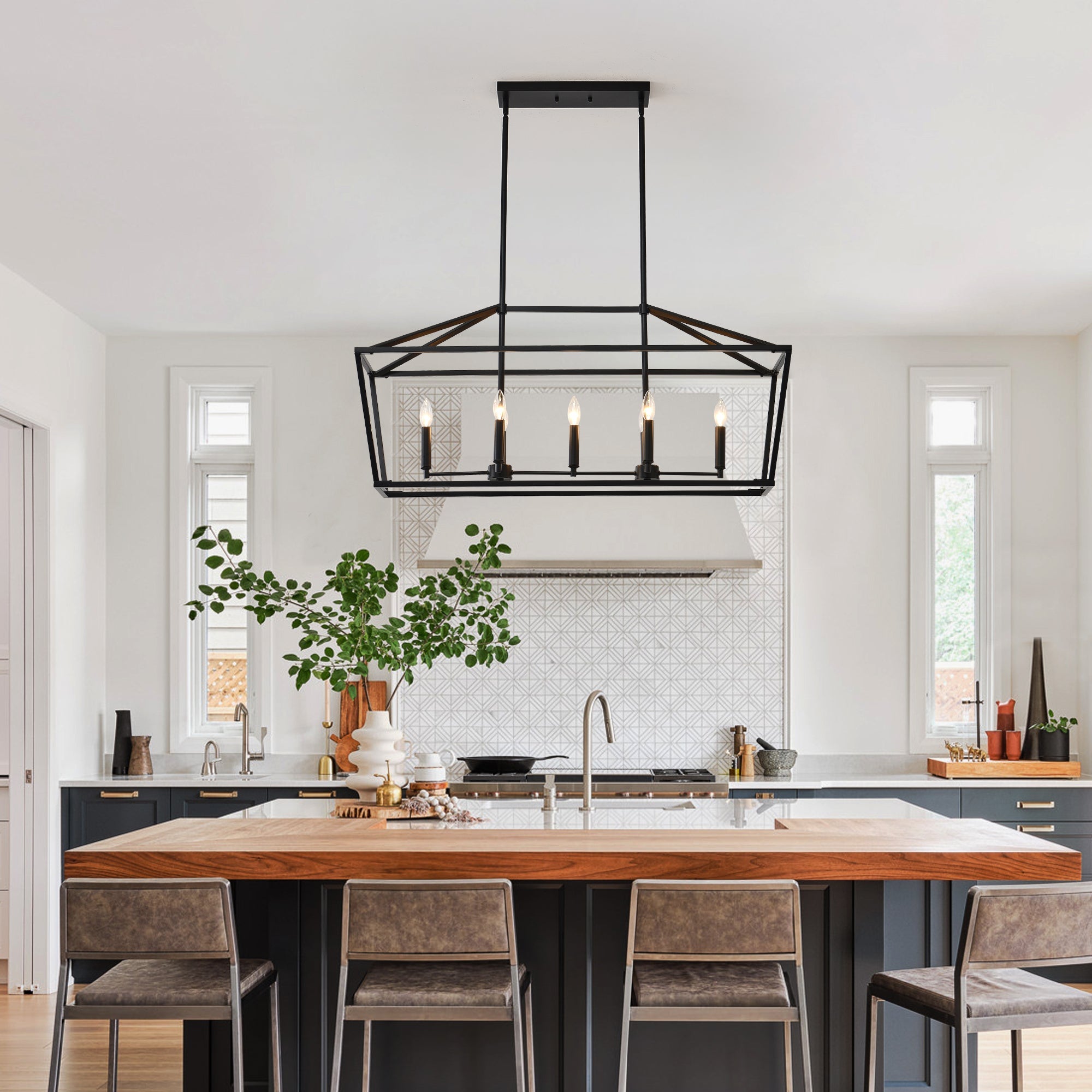 Chandelier Industrial Linear 5-Light Matte Black Metal Pendant 39 In