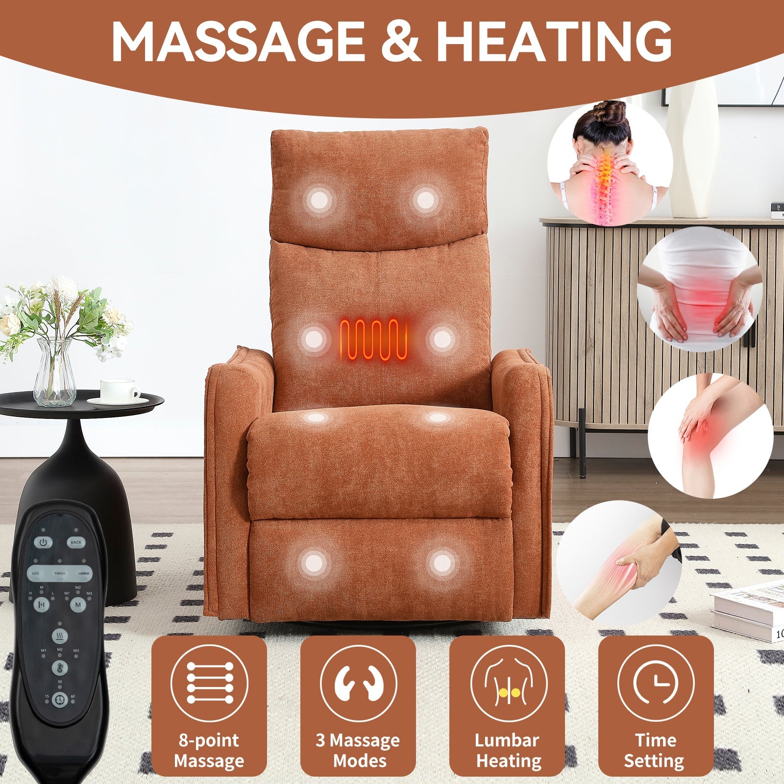Heated Massage Recliner Chair Swivel Rocker Fabric Orange