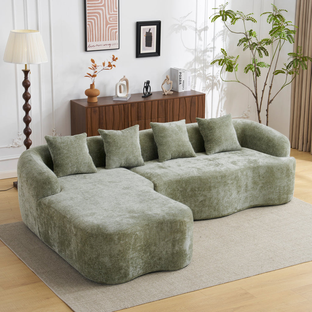 Sectional Sofa l Shape Chenille Green Curved Chaise with Foam and Spring Support
