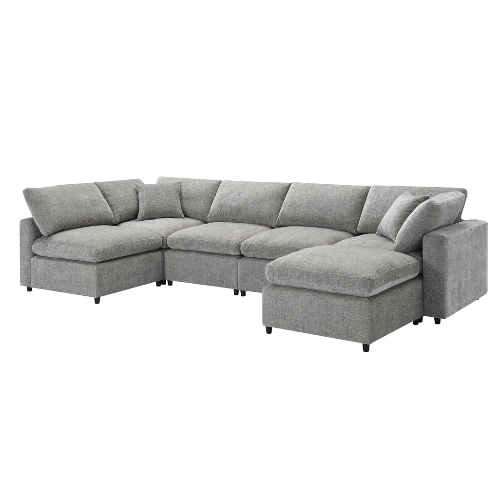 Sofa Modular U-Shape Chenille Gray 6 Seat Convertible Ottoman 130 In