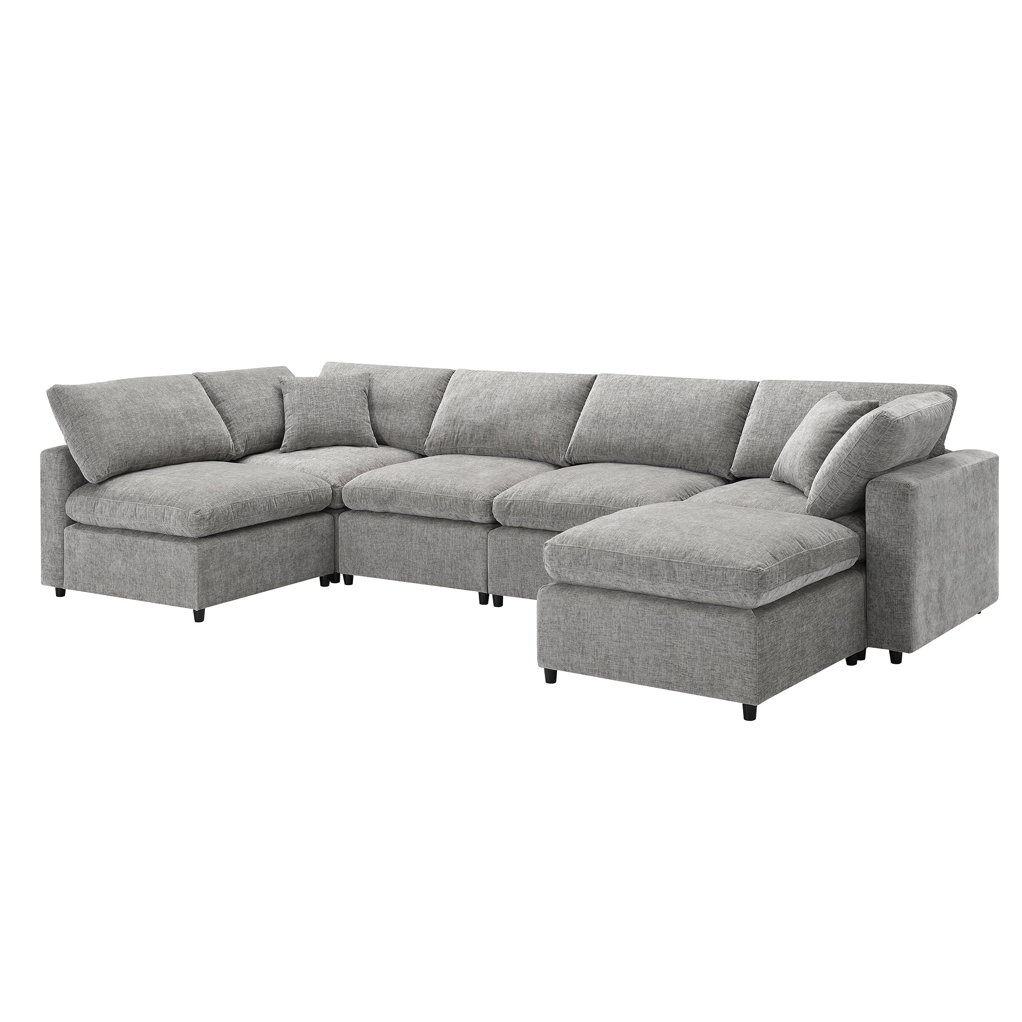 Sofa Modular U-Shape Chenille Gray 6 Seat Convertible Ottoman 130 In