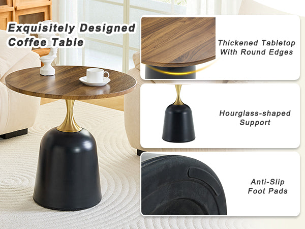 23.6 in Round Side Table, Metal Base, Walnut Wood Grain, Living Room Office