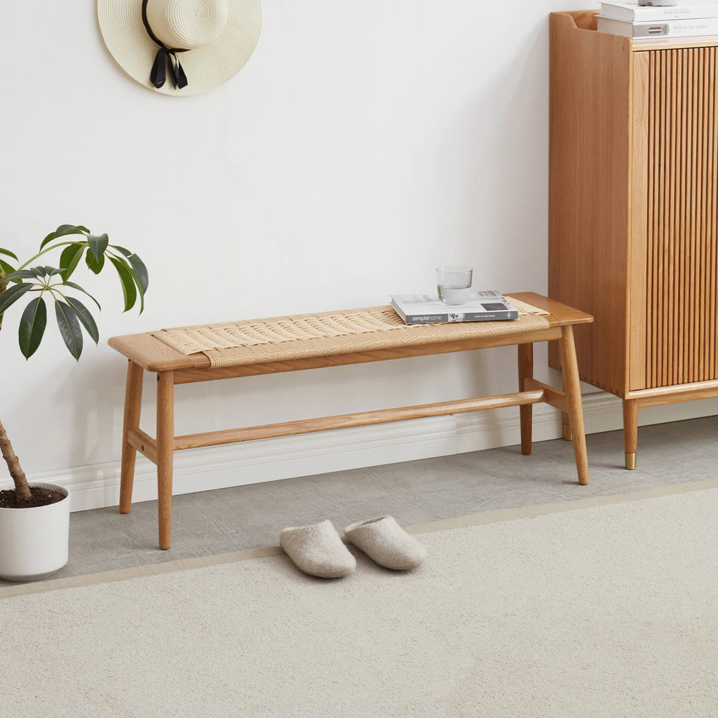 Dining Bench Rectangular Natural Oak Wood Handwoven Cane Seat Dining Room