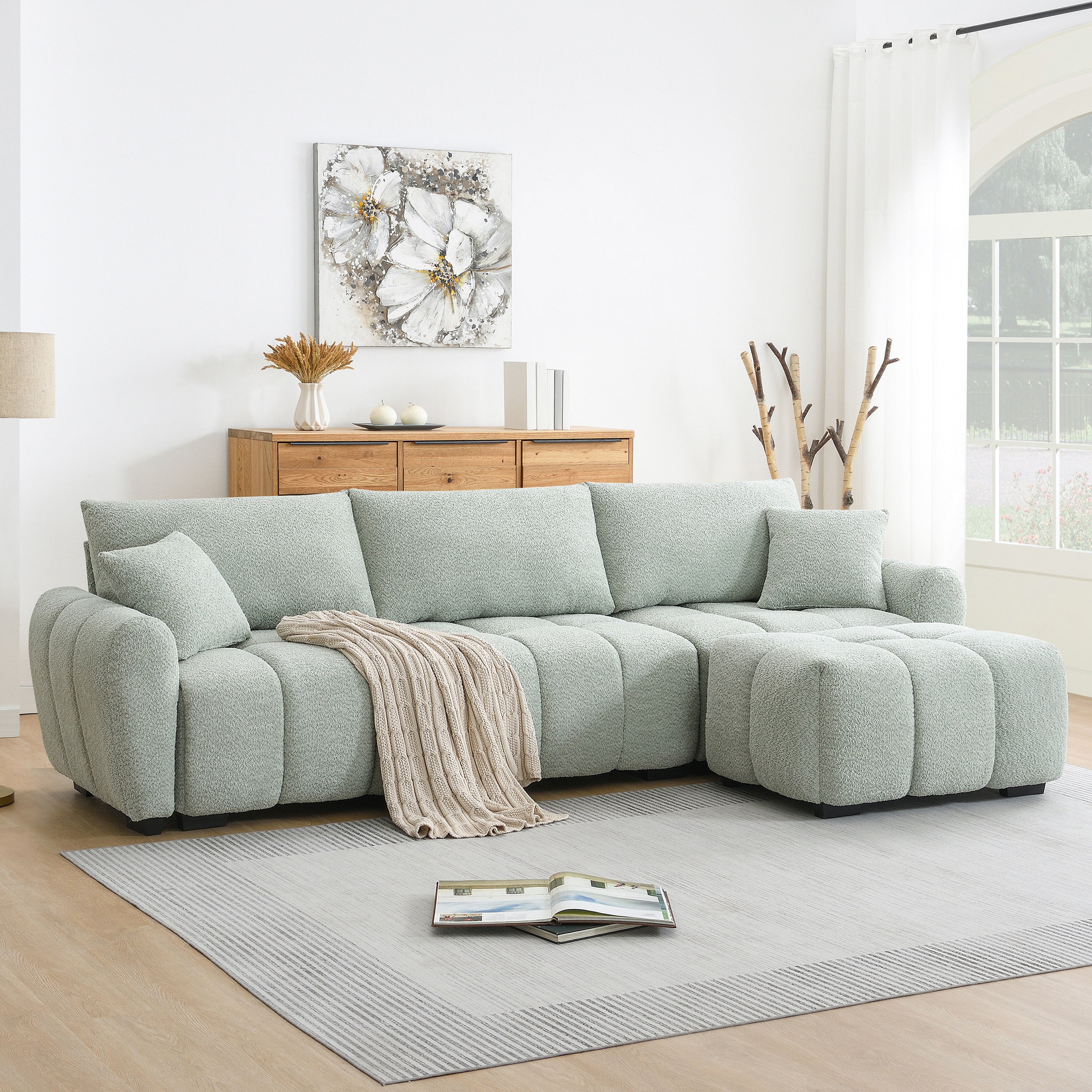 Sectional Sofa L-Shaped Boucle with Movable Ottoman Extra-Large Seat 3 Colors