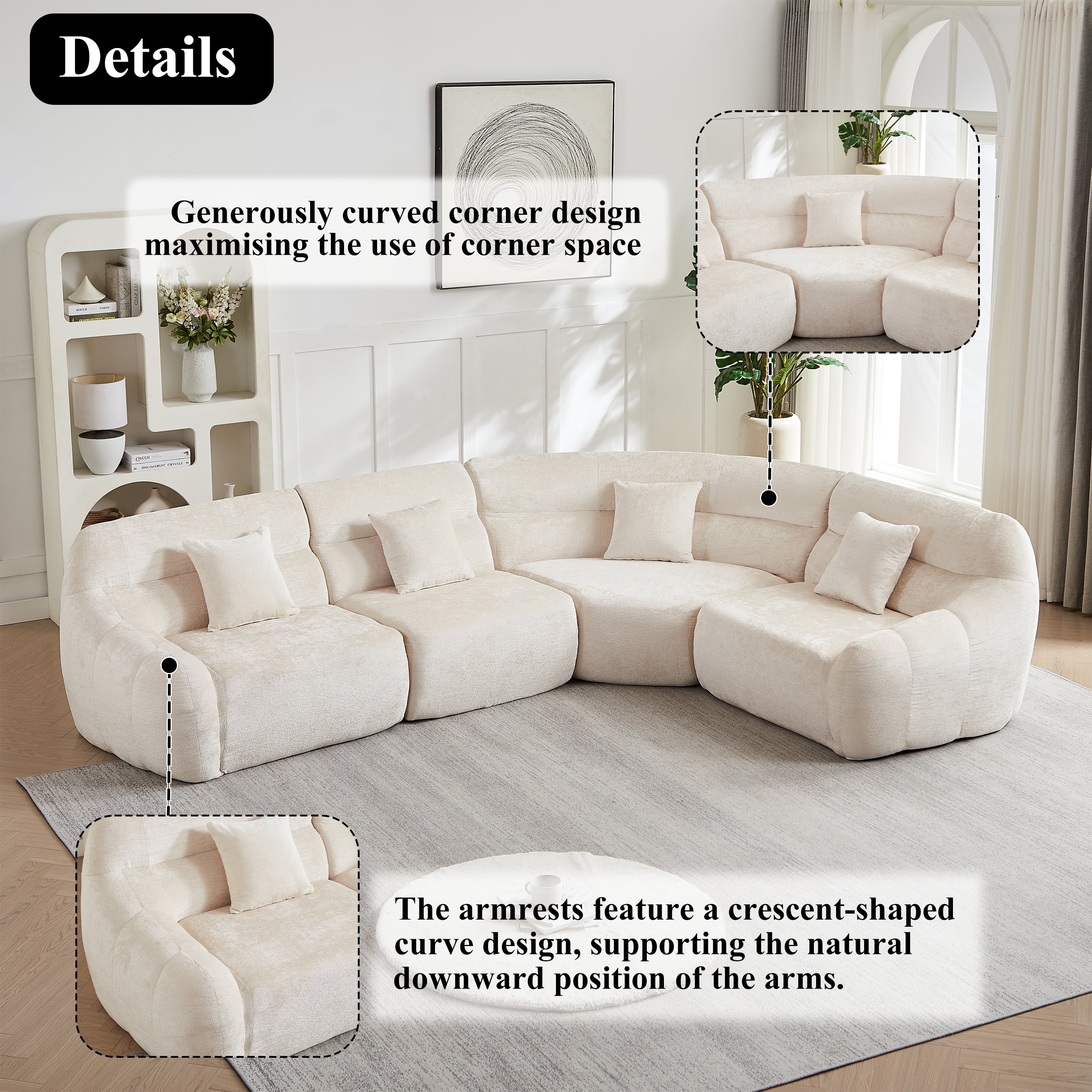 Sectional Sofa Curved Beige Chenille 123.2 Inch Four Pillows No Assembly