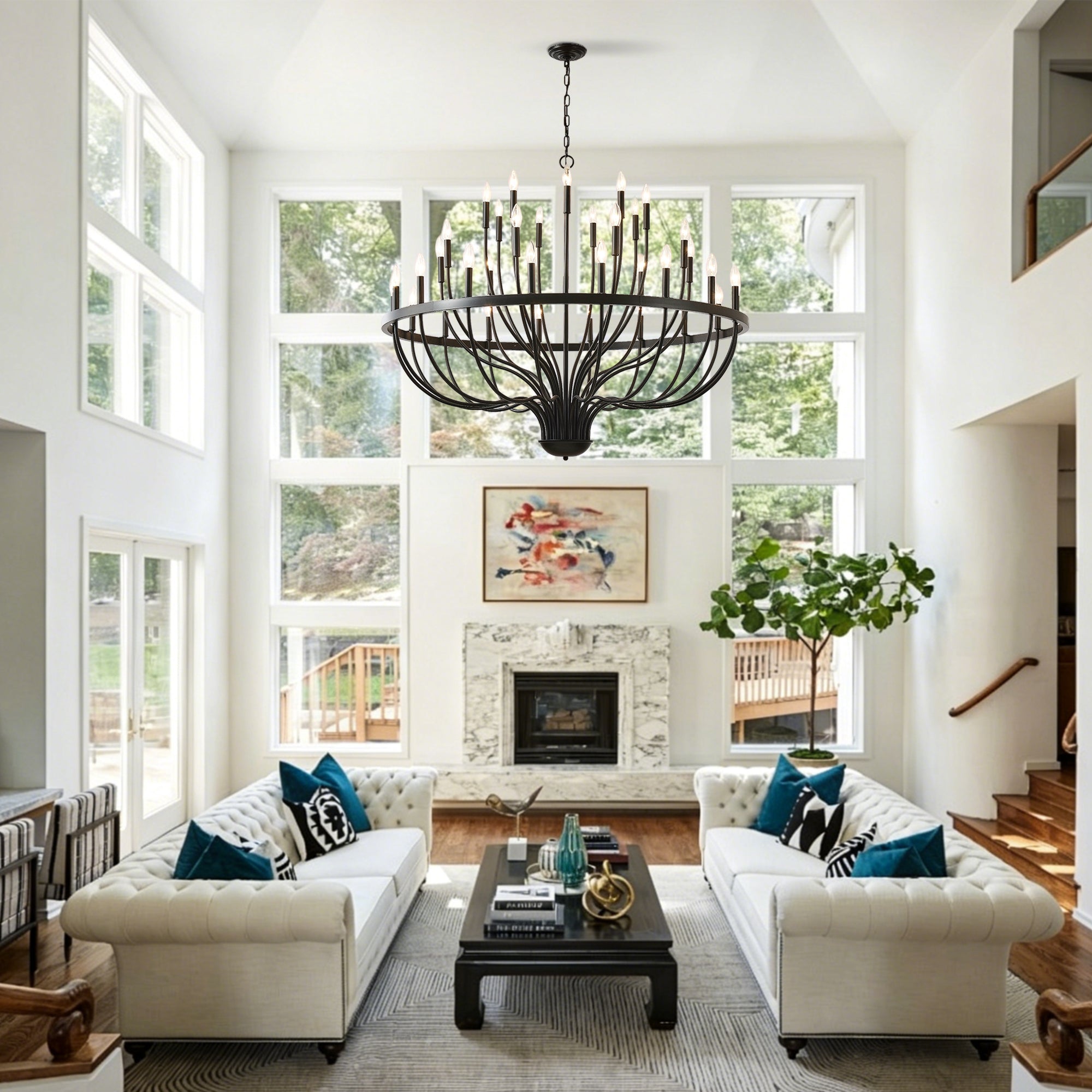 Chandelier 36-Light Black Industrial Iron Candle Farmhouse Pendant