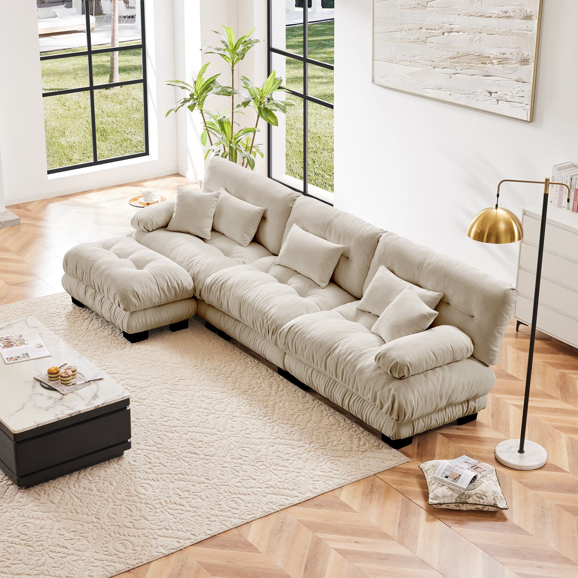 Sectional Sofa L-Shaped Chenille Light Coffee Convertible Ottoman