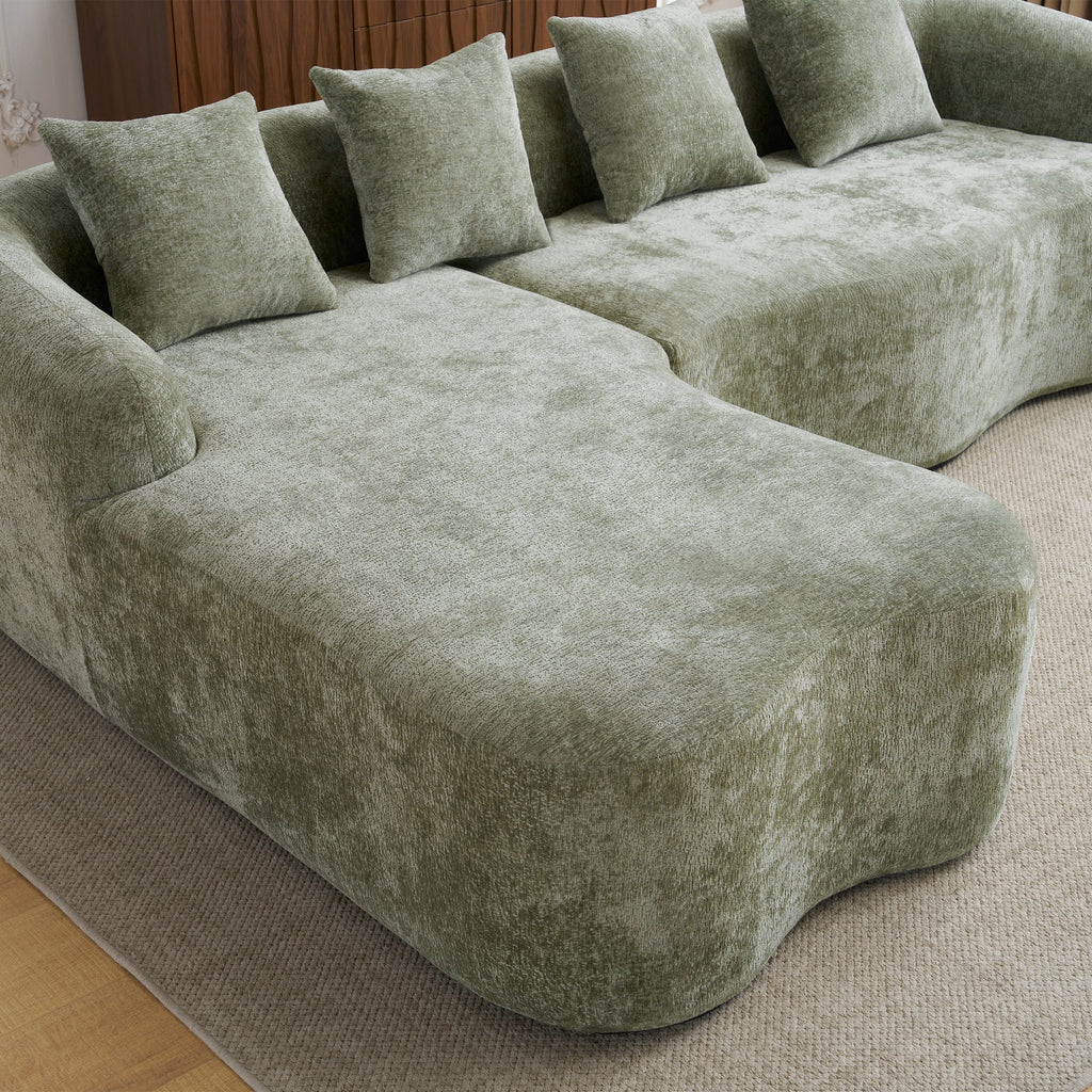 Sectional Sofa l Shape Chenille Green Curved Chaise with Foam and Spring Support