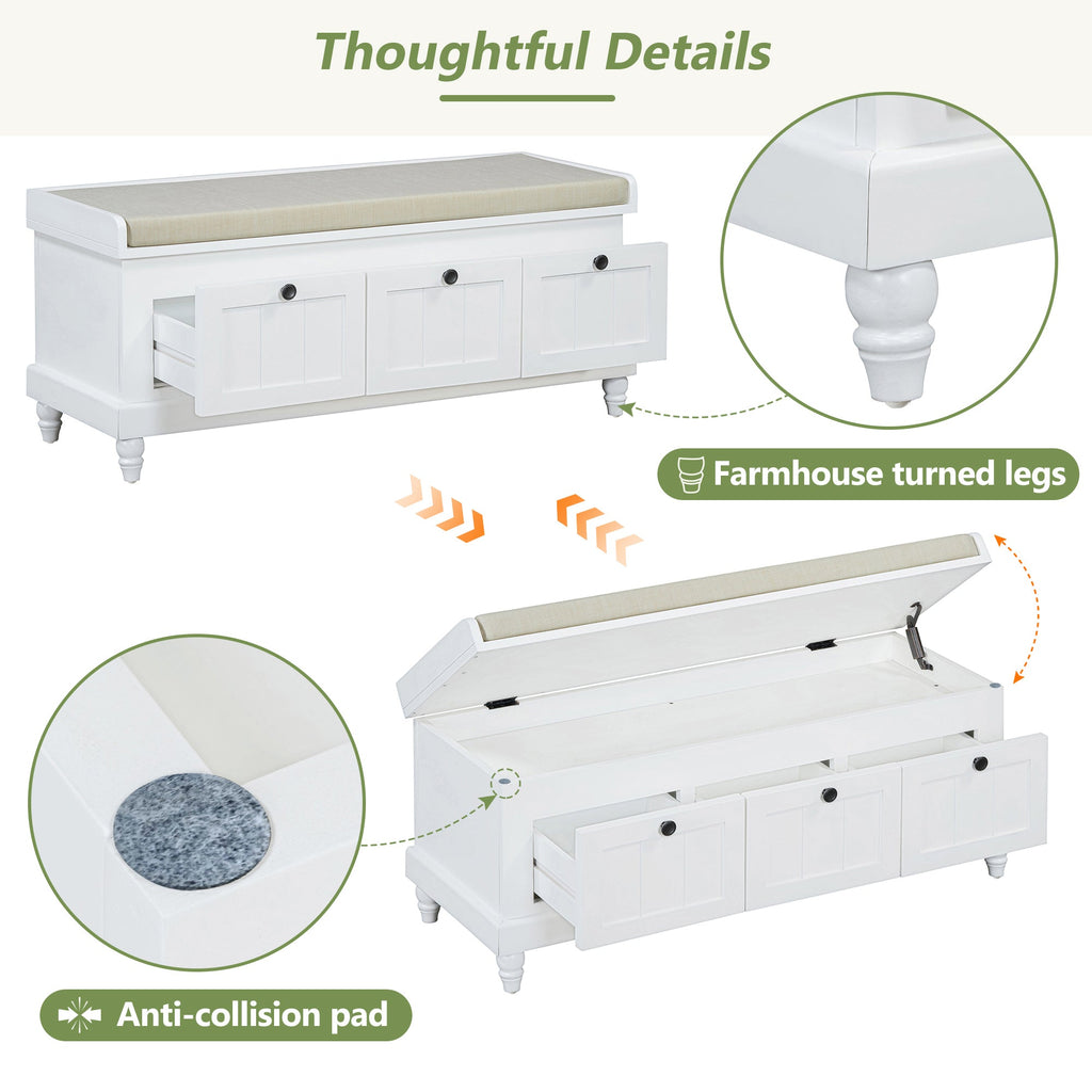 Entry Bench Fluted MDF White Cushioned Seat 3 Drawers 44x16x19 In 220 LB