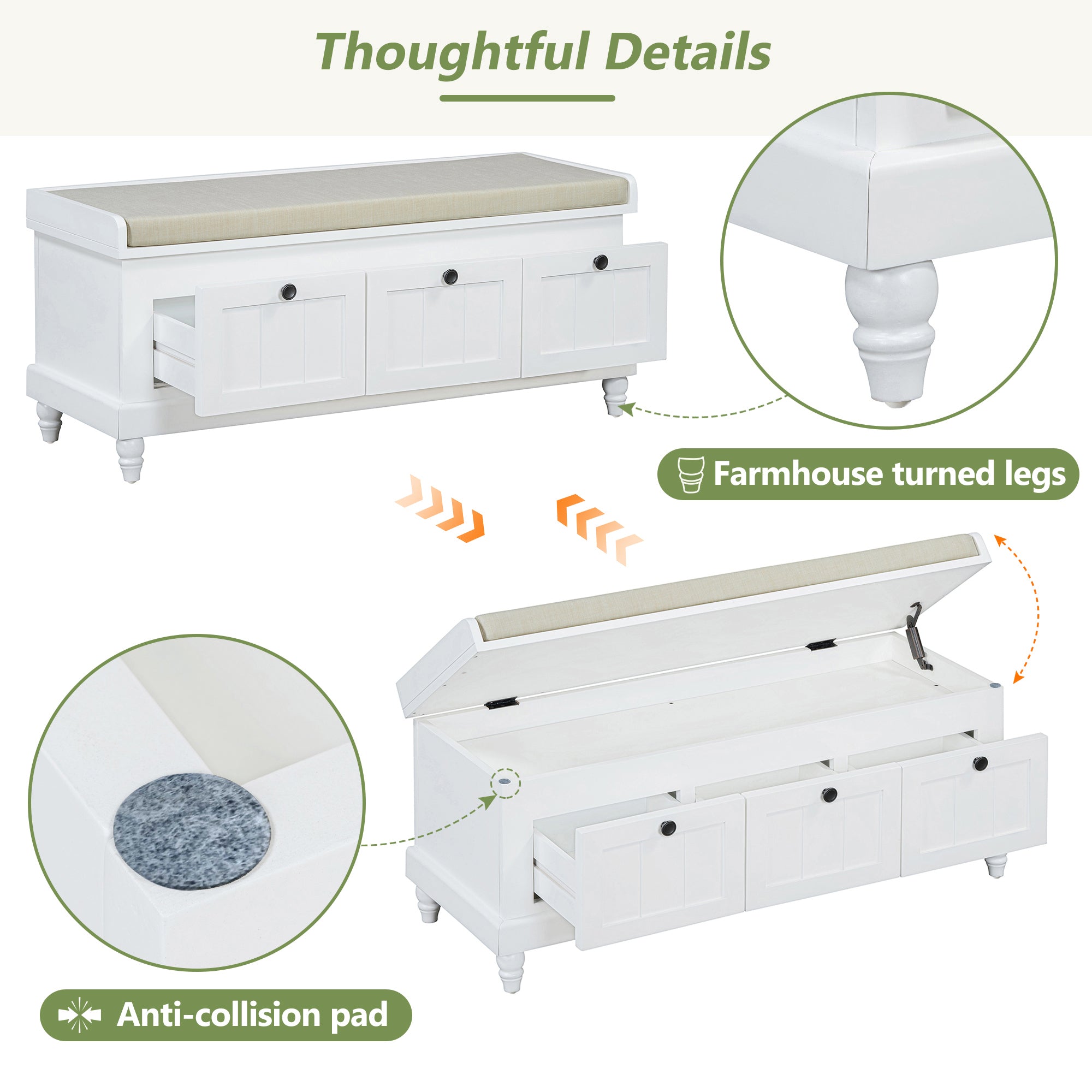 Entry Bench Fluted MDF White Cushioned Seat 3 Drawers 44x16x19 In 220 LB