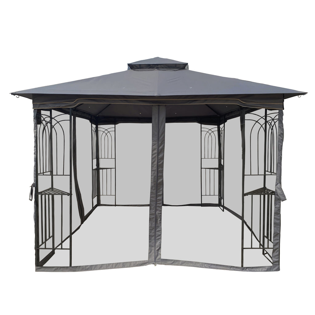 Gazebo Steel Gray 10x10 Ft Double Vented Roof Mesh Sidewalls UV-Resistant