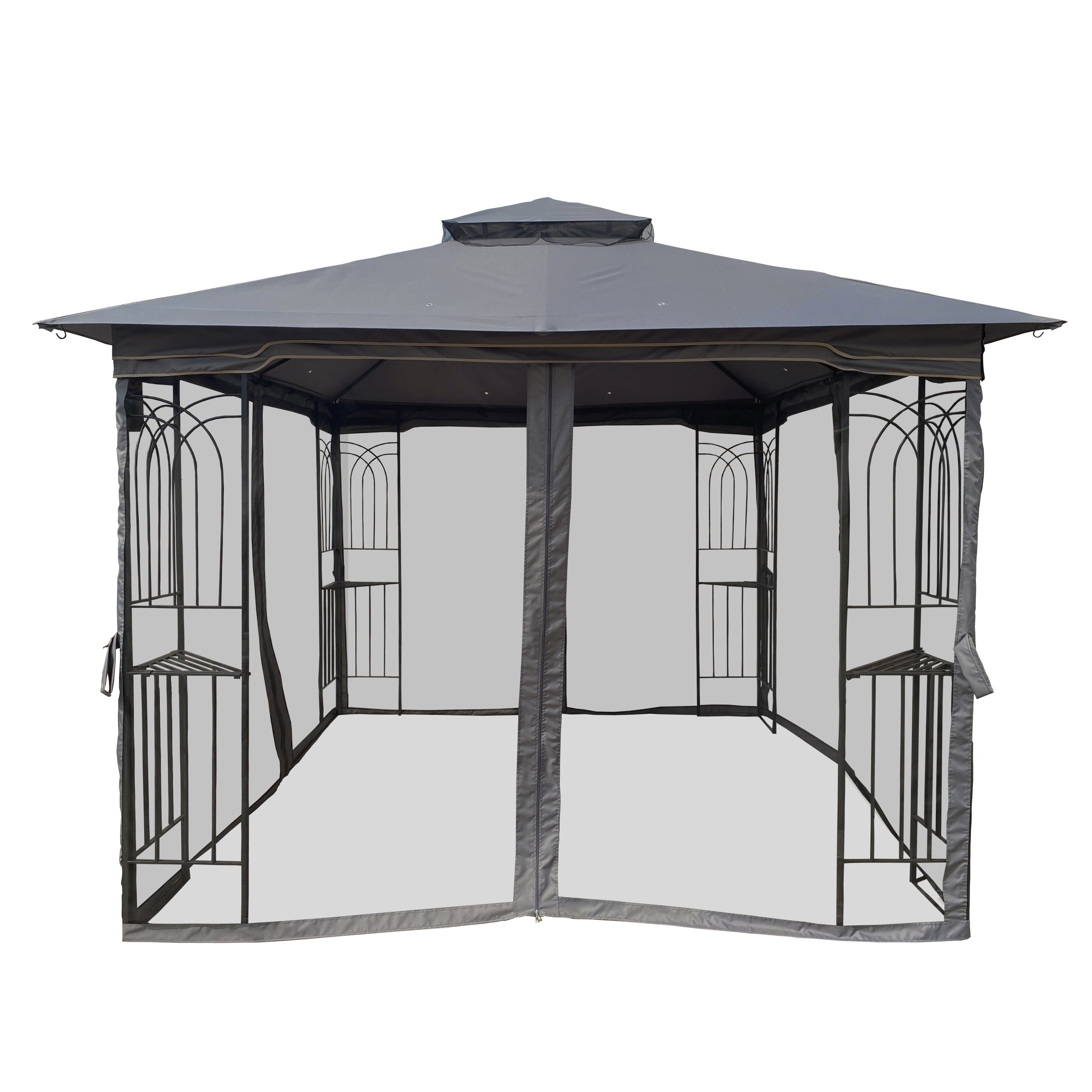 Gazebo Steel Gray 10x10 Ft Double Vented Roof Mesh Sidewalls UV-Resistant