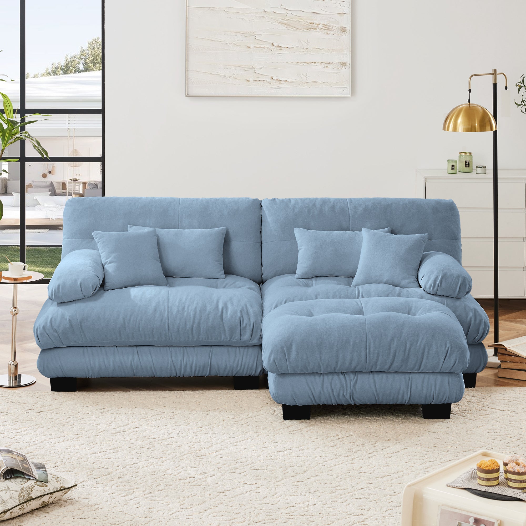 Sectional Sofa Cloud Chenille Blue 2 Seat Convertible Ottoman